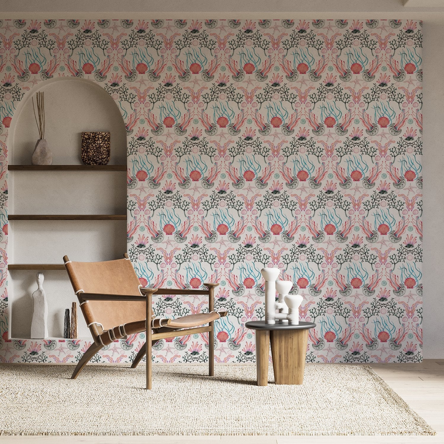 Repeating damask pattern with coral branches and delicate botanical elements in peach and gray - view 11 - final