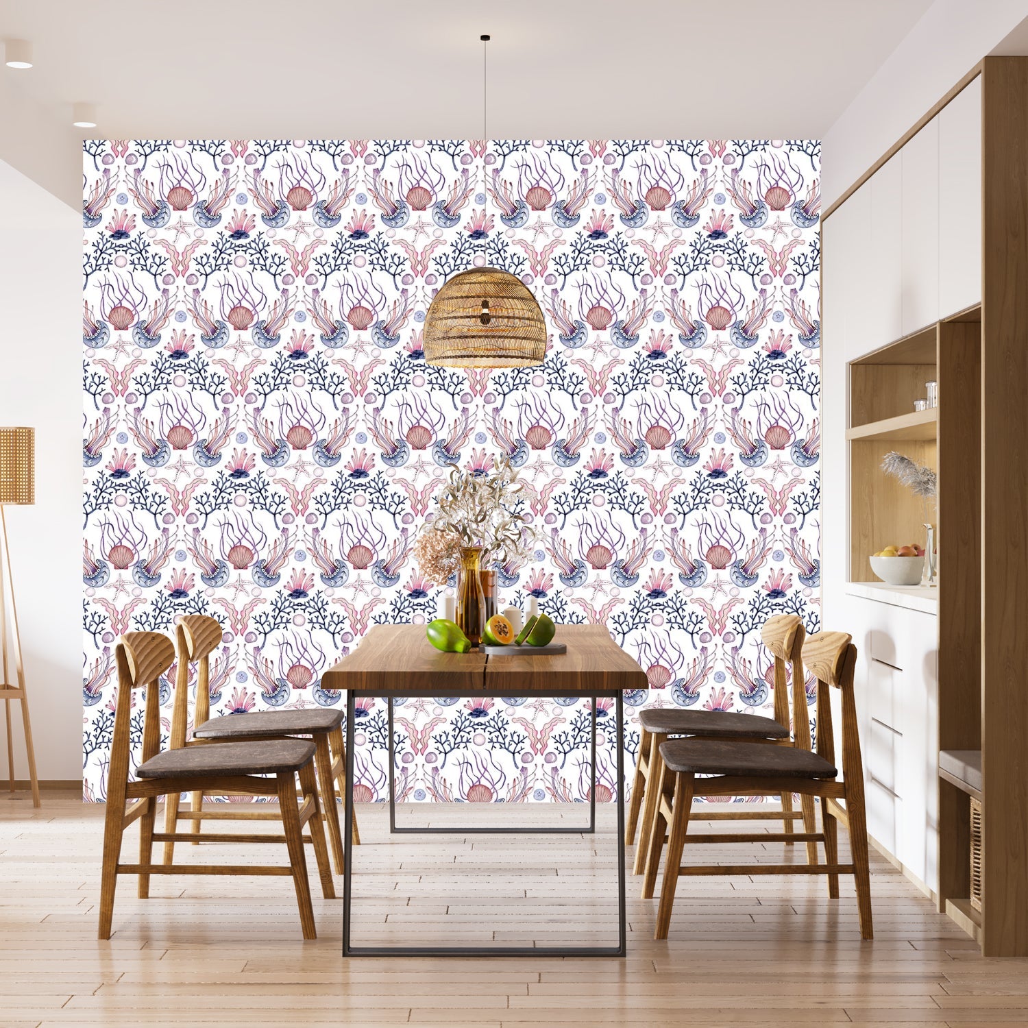 Repeating damask pattern with coral branches and delicate botanical elements in peach and gray - view 13 - final