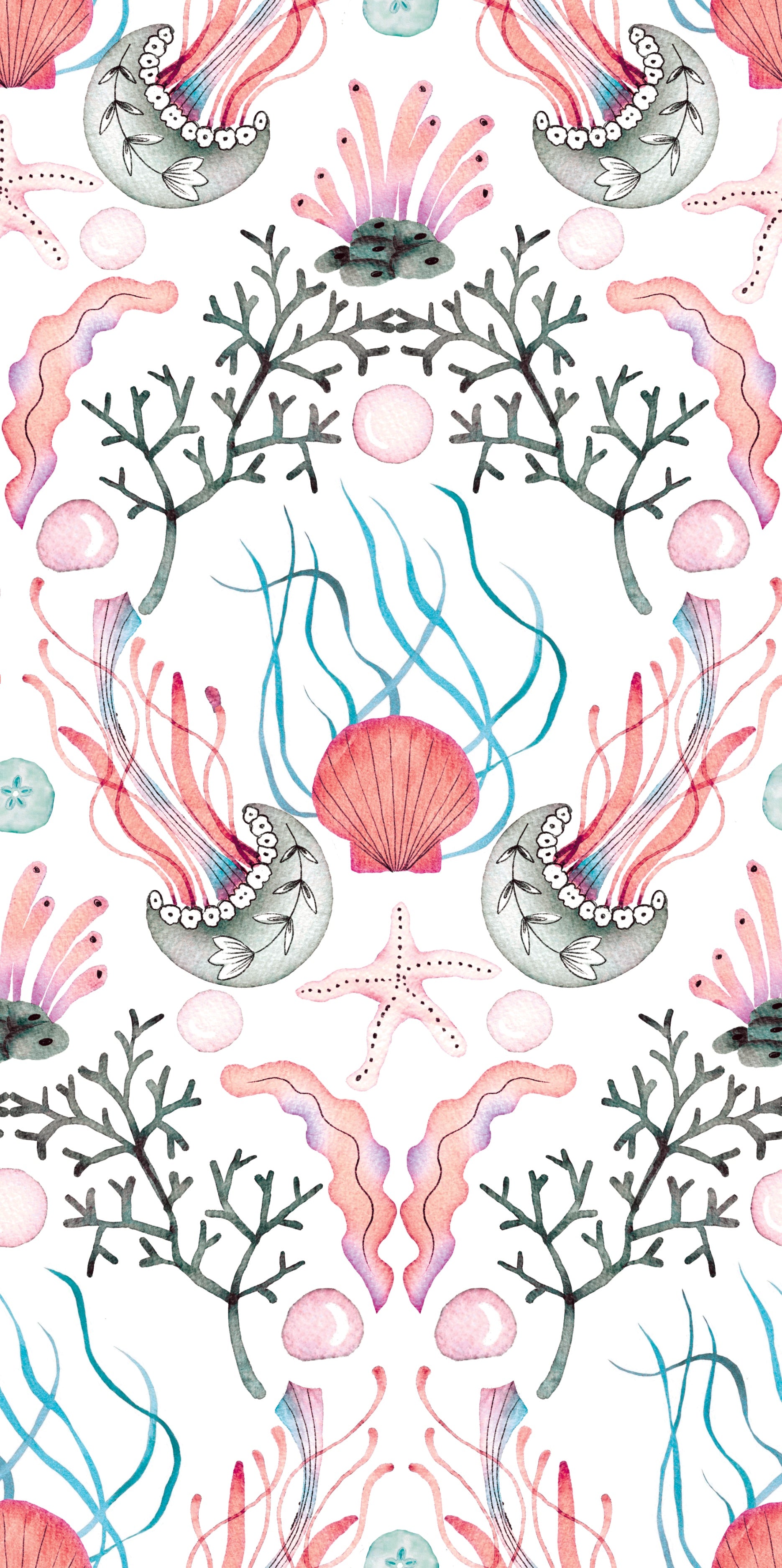 Repeating damask pattern with coral branches and delicate botanical elements in peach and gray - view 14 - repeat-original - final