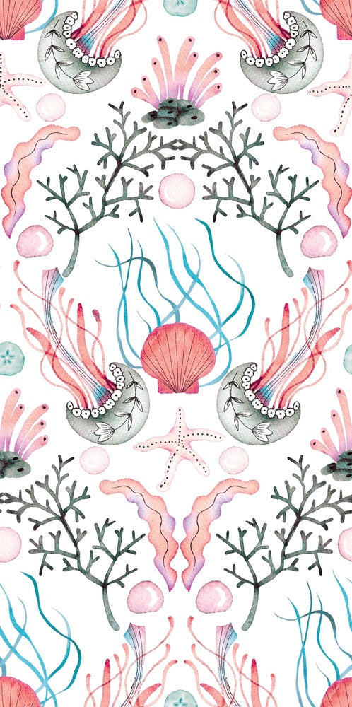 Repeating damask pattern with coral branches and delicate botanical elements in peach and gray - view 15 - repeat-small - final