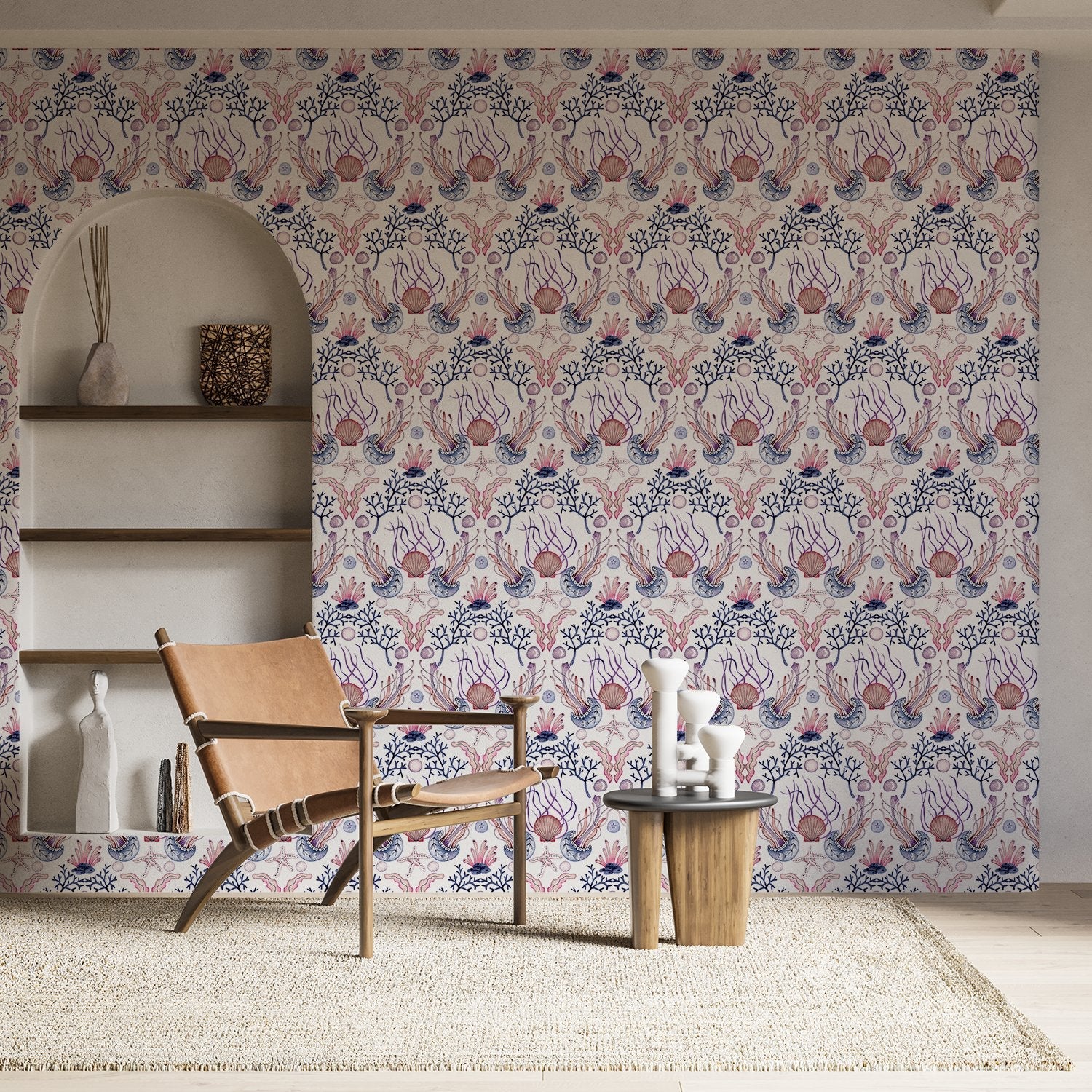 Repeating damask pattern with coral branches and delicate botanical elements in peach and gray - view 16 - final