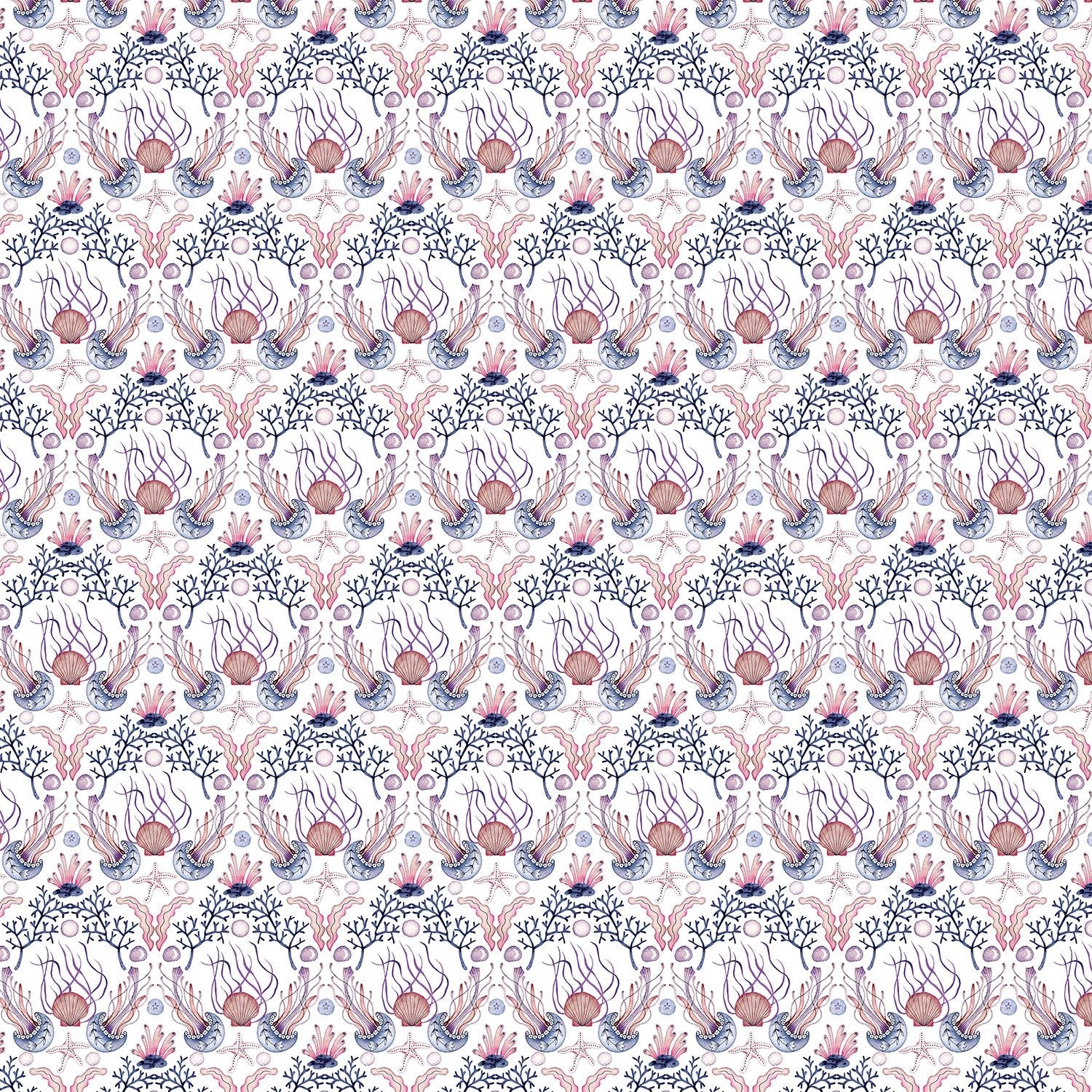 Repeating damask pattern with coral branches and delicate botanical elements in peach and gray - view 17 - final