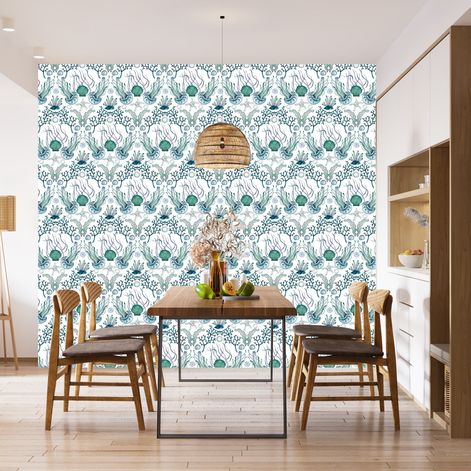 Repeating damask pattern with coral branches and delicate botanical elements in peach and gray - view 19 - final