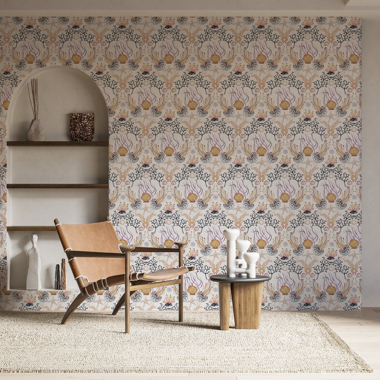 Repeating damask pattern with coral branches and delicate botanical elements in peach and gray - view 2 - final hobby-room