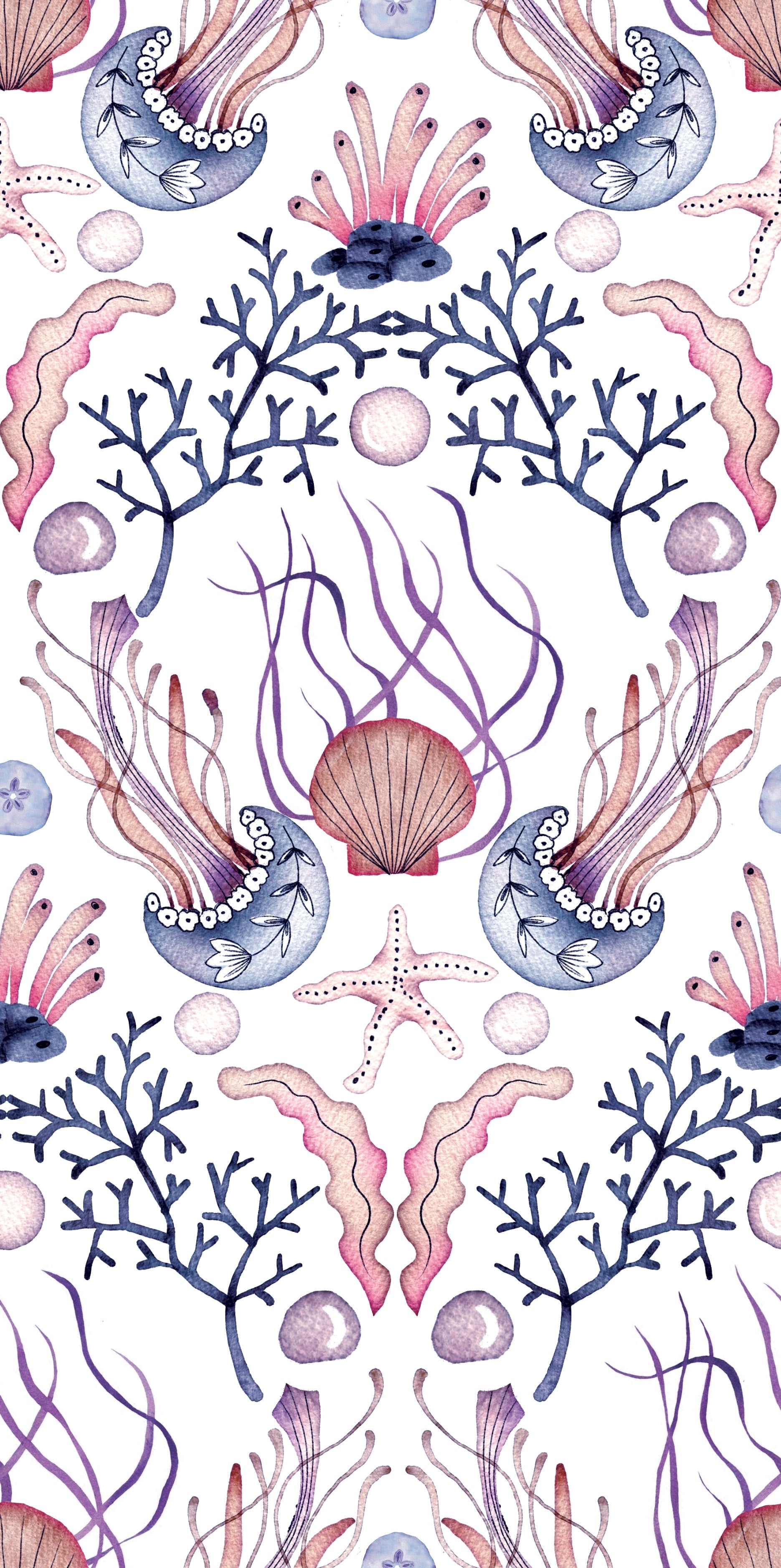 Repeating damask pattern with coral branches and delicate botanical elements in peach and gray - view 20 - repeat-original - final