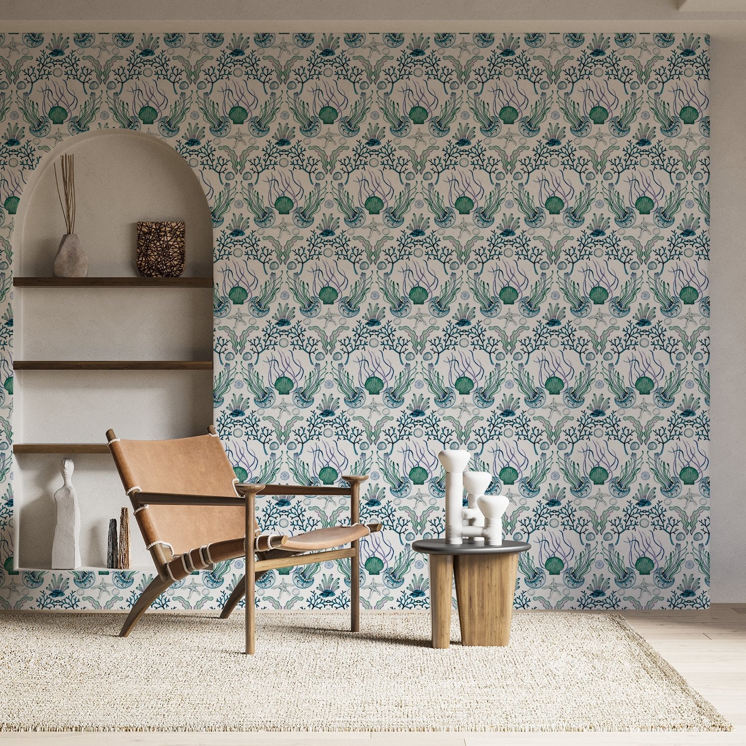 Repeating damask pattern with coral branches and delicate botanical elements in peach and gray - view 22 - final