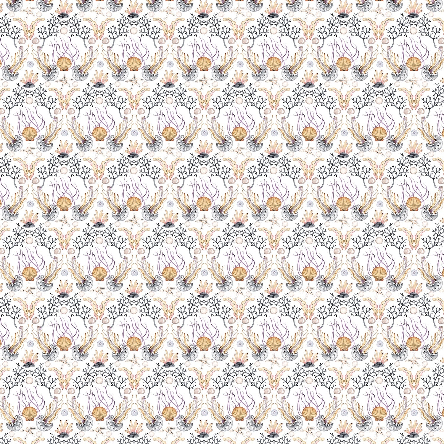 Repeating damask pattern with coral branches and delicate botanical elements in peach and gray - view 3 - final