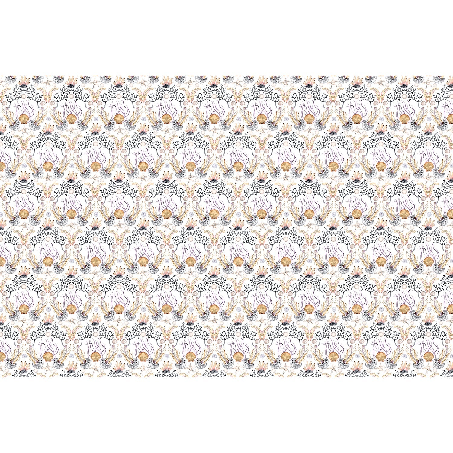 Repeating damask pattern with coral branches and delicate botanical elements in peach and gray - view 6 - repeat-full-square - final