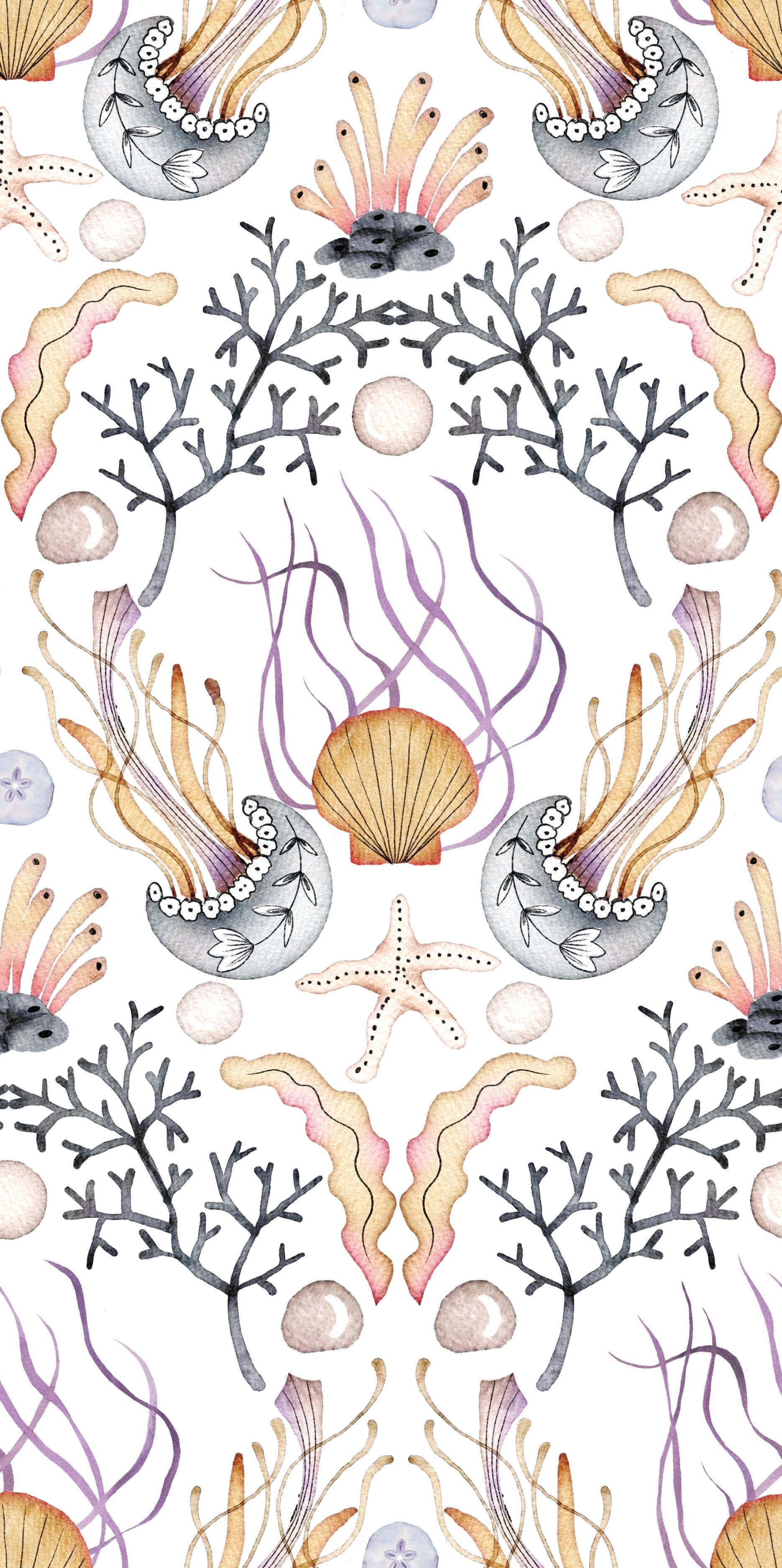 Repeating damask pattern with coral branches and delicate botanical elements in peach and gray - view 7 - repeat-original - final