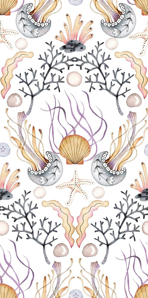 Repeating damask pattern with coral branches and delicate botanical elements in peach and gray - view 8 - repeat-small - final