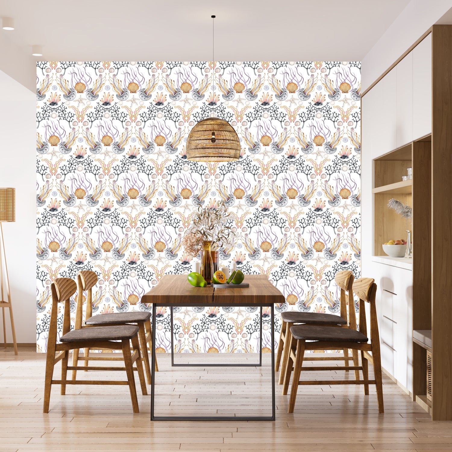 Repeating damask pattern with coral branches and delicate botanical elements in peach and gray - final dining-room