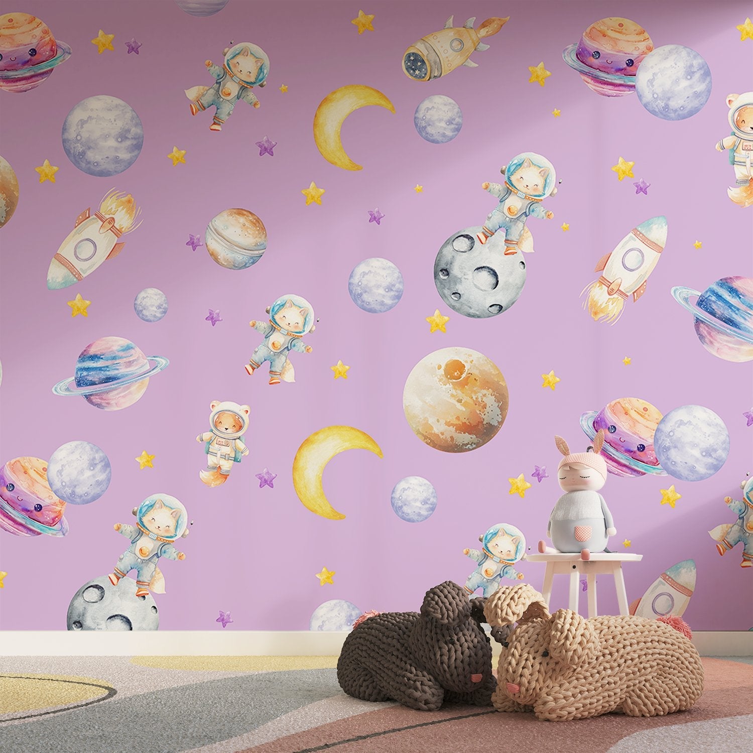 Cute animal astronauts float among planets and rockets on dreamy blue background - view 10 - final