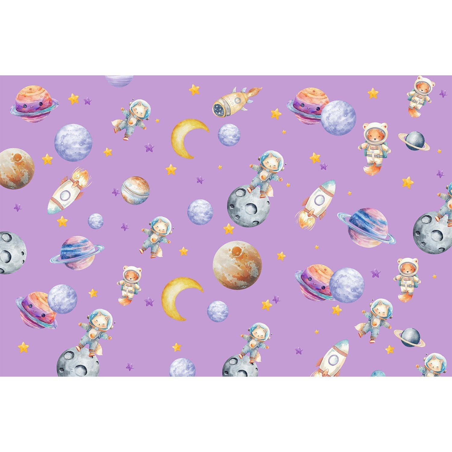"Whimsical astronauts exploring planets in lea - kids wallpaper mural-equal final"