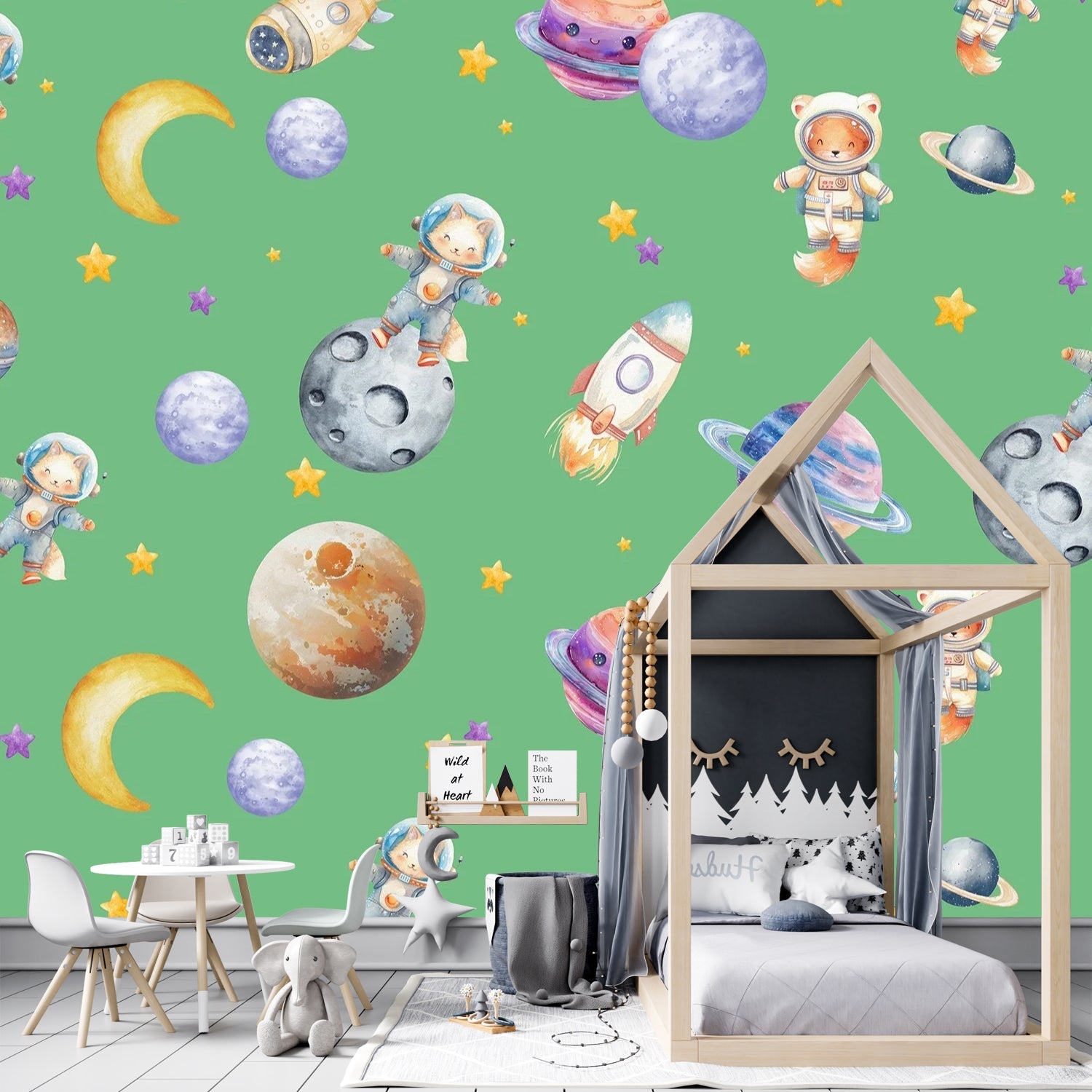 Cute animal astronauts float among planets and rockets on dreamy blue background - view 15 - final