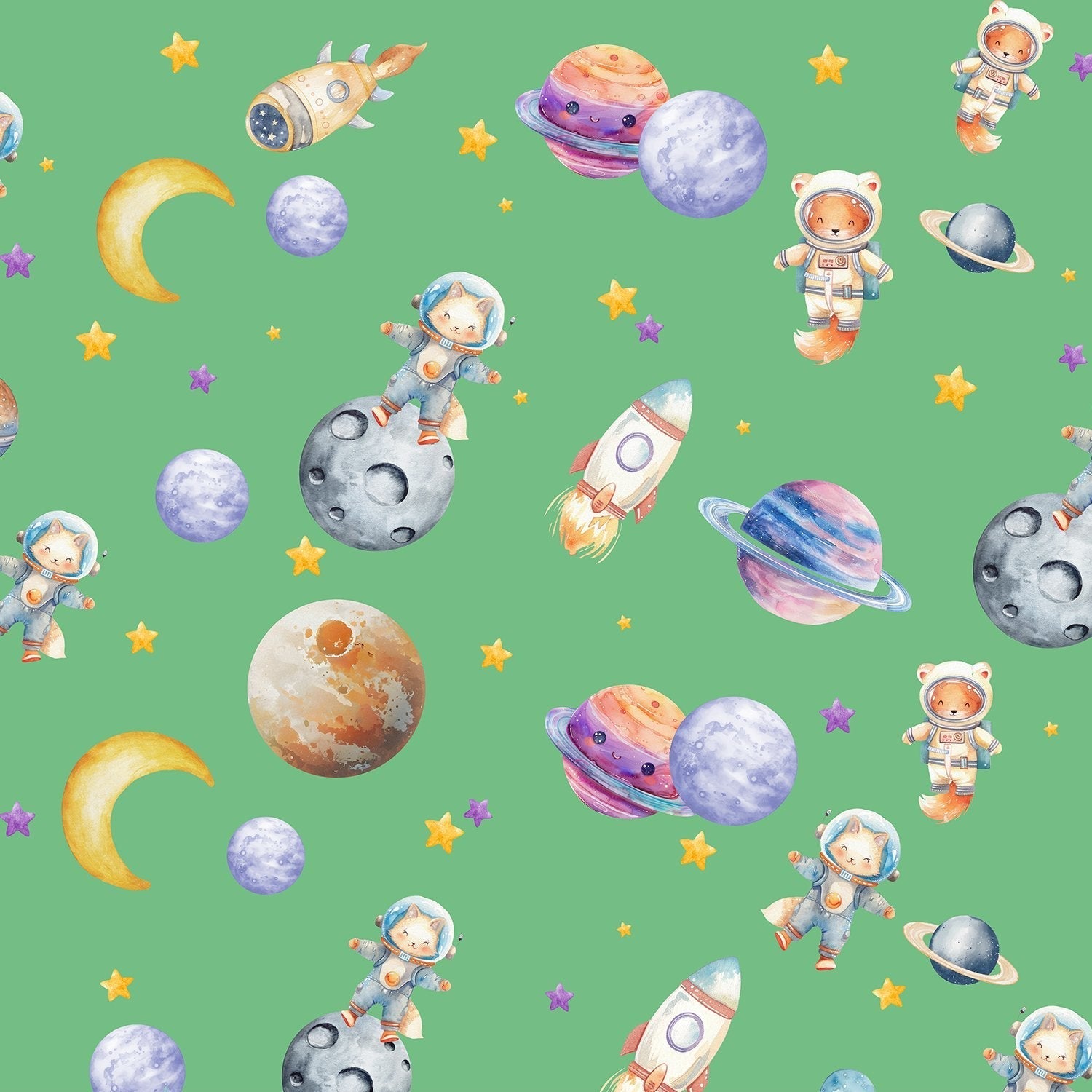 Cute animal astronauts float among planets and rockets on dreamy blue background - view 16 - final