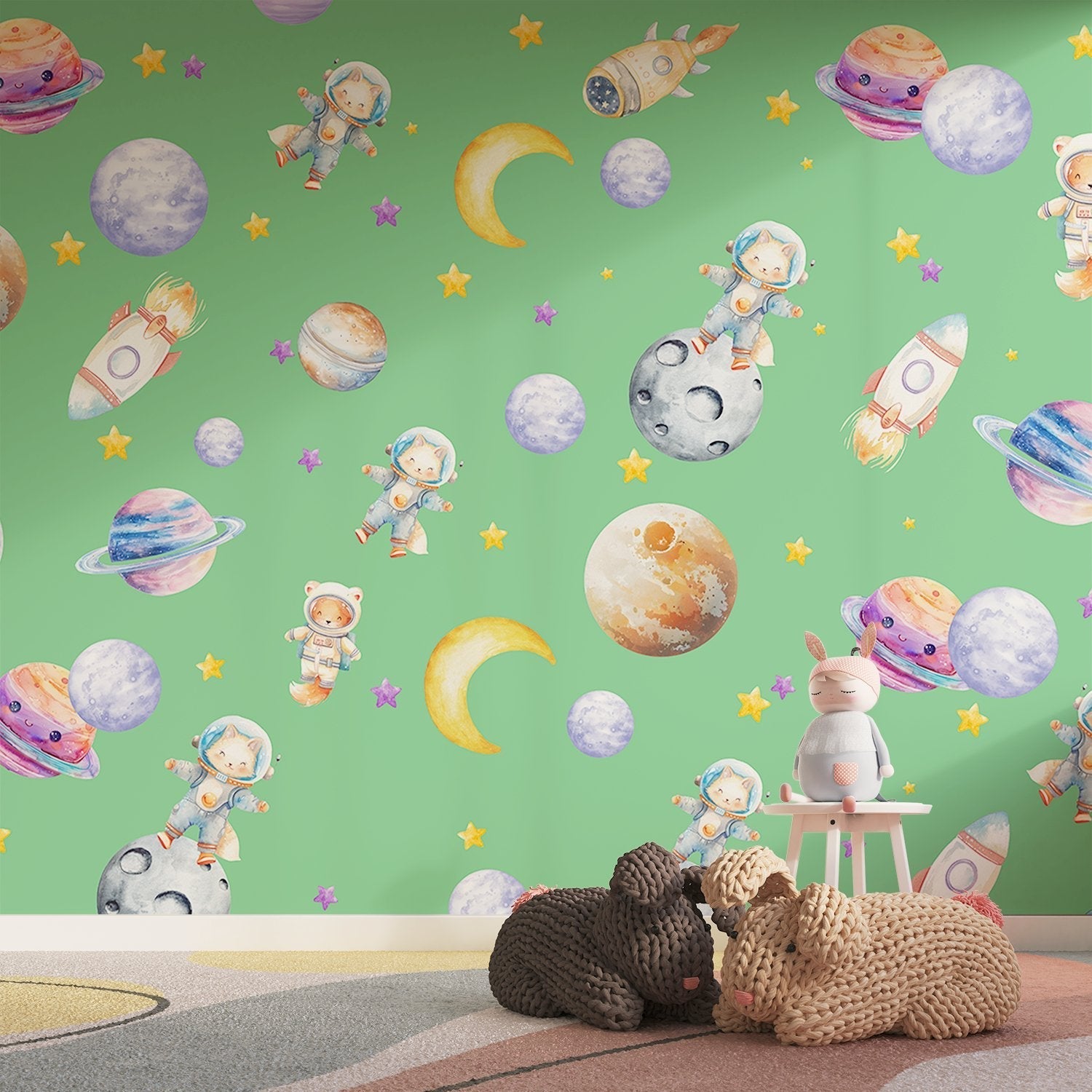 Cute animal astronauts float among planets and rockets on dreamy blue background - view 17 - final