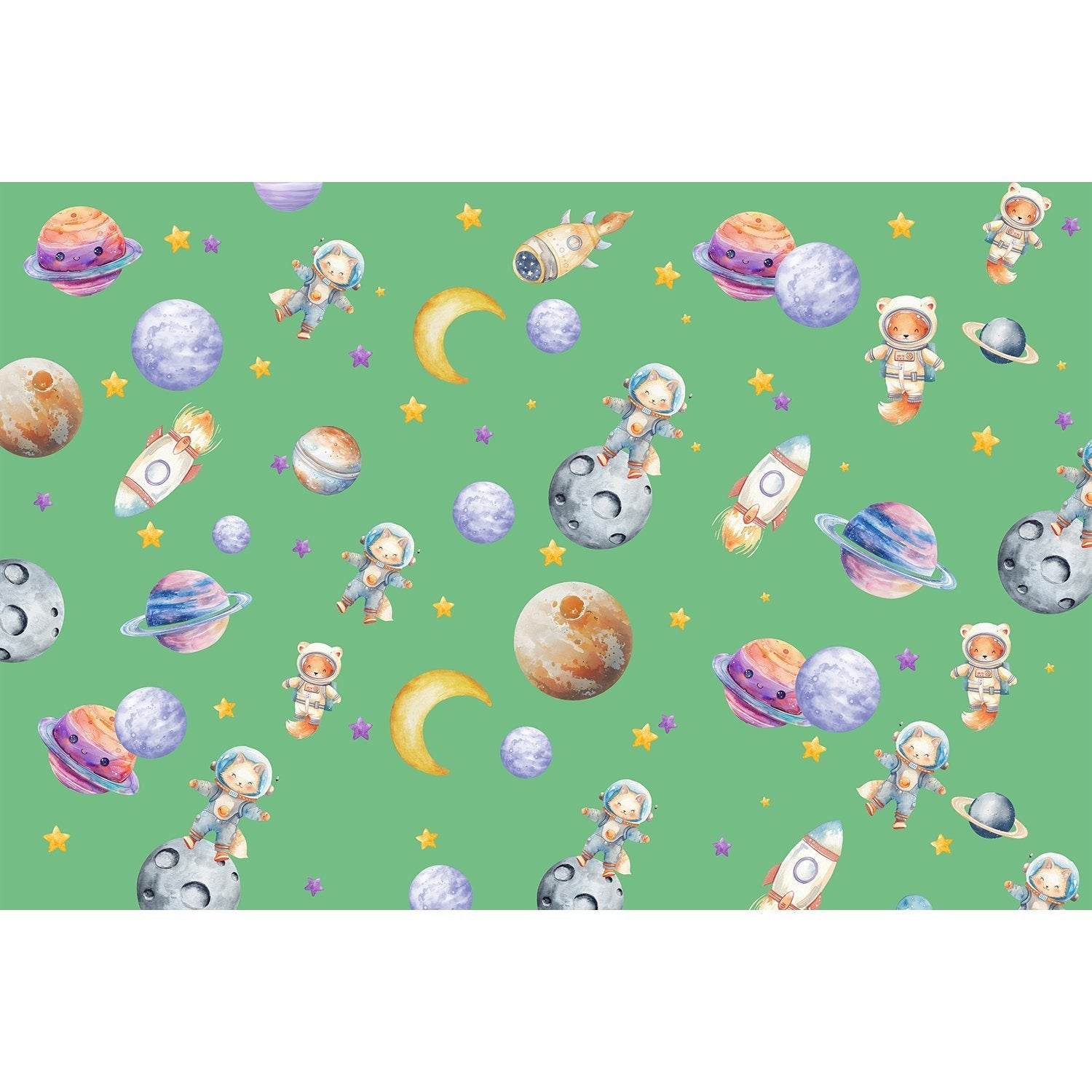 "Whimsical astronauts exploring planets in lea - kids wallpaper mural-equal final"