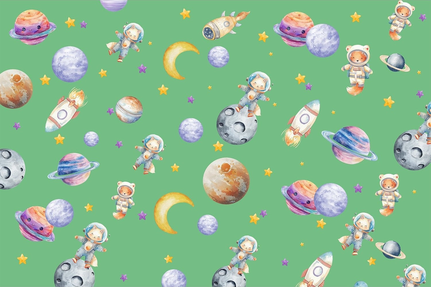 "Whimsical astronauts exploring planets in lea - kids wallpaper mural-inequal final"
