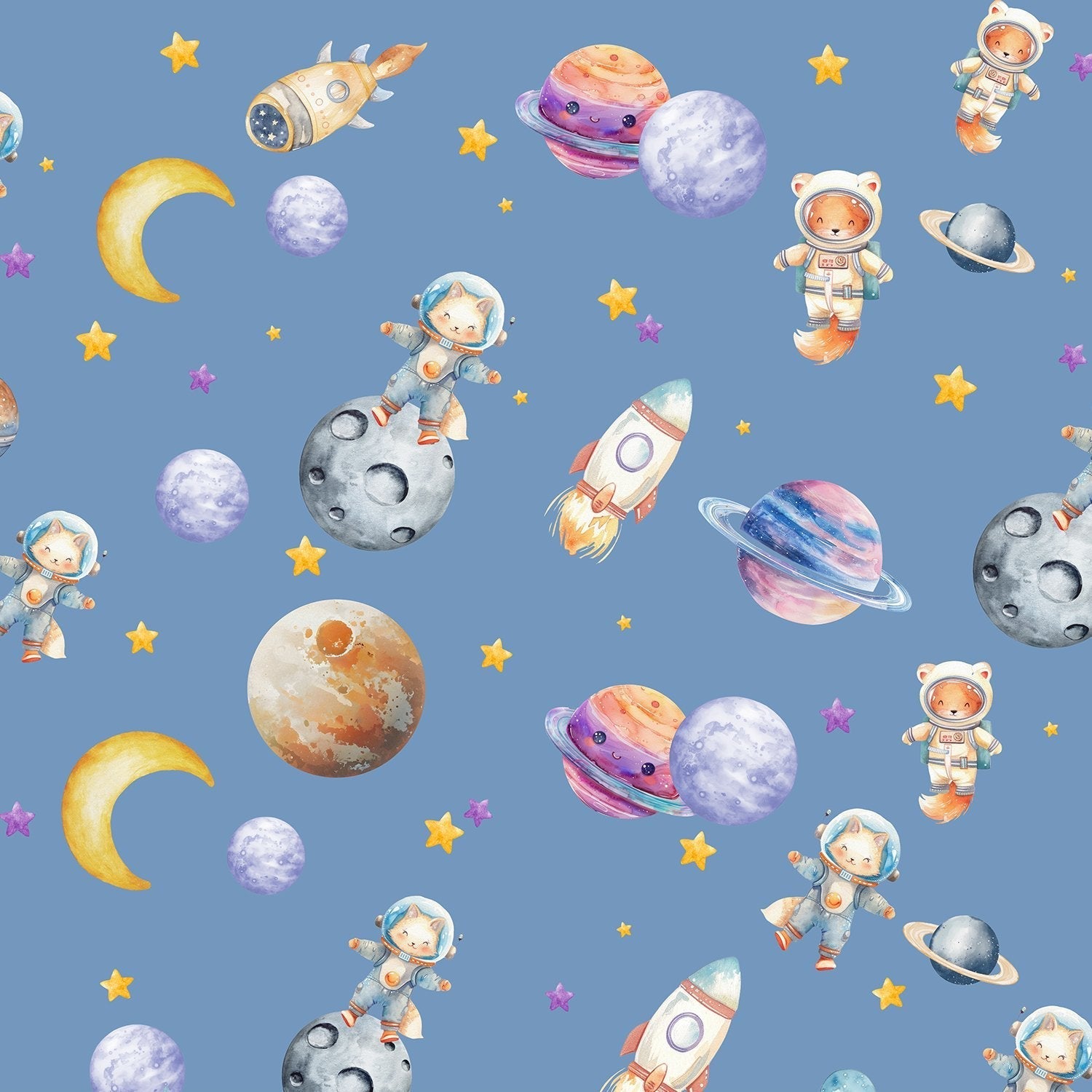 Cute animal astronauts float among planets and rockets on dreamy blue background - view 2 - final