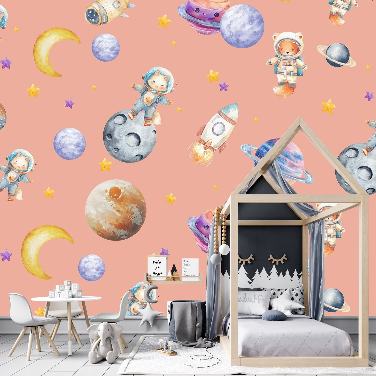 Cute animal astronauts float among planets and rockets on dreamy blue background - view 20 - final