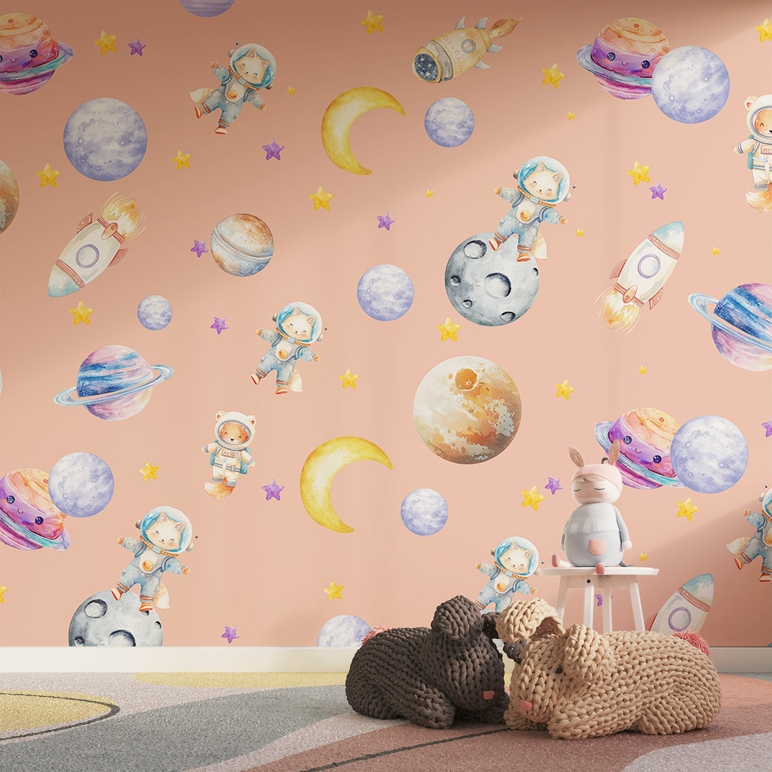 Cute animal astronauts float among planets and rockets on dreamy blue background - view 22 - final