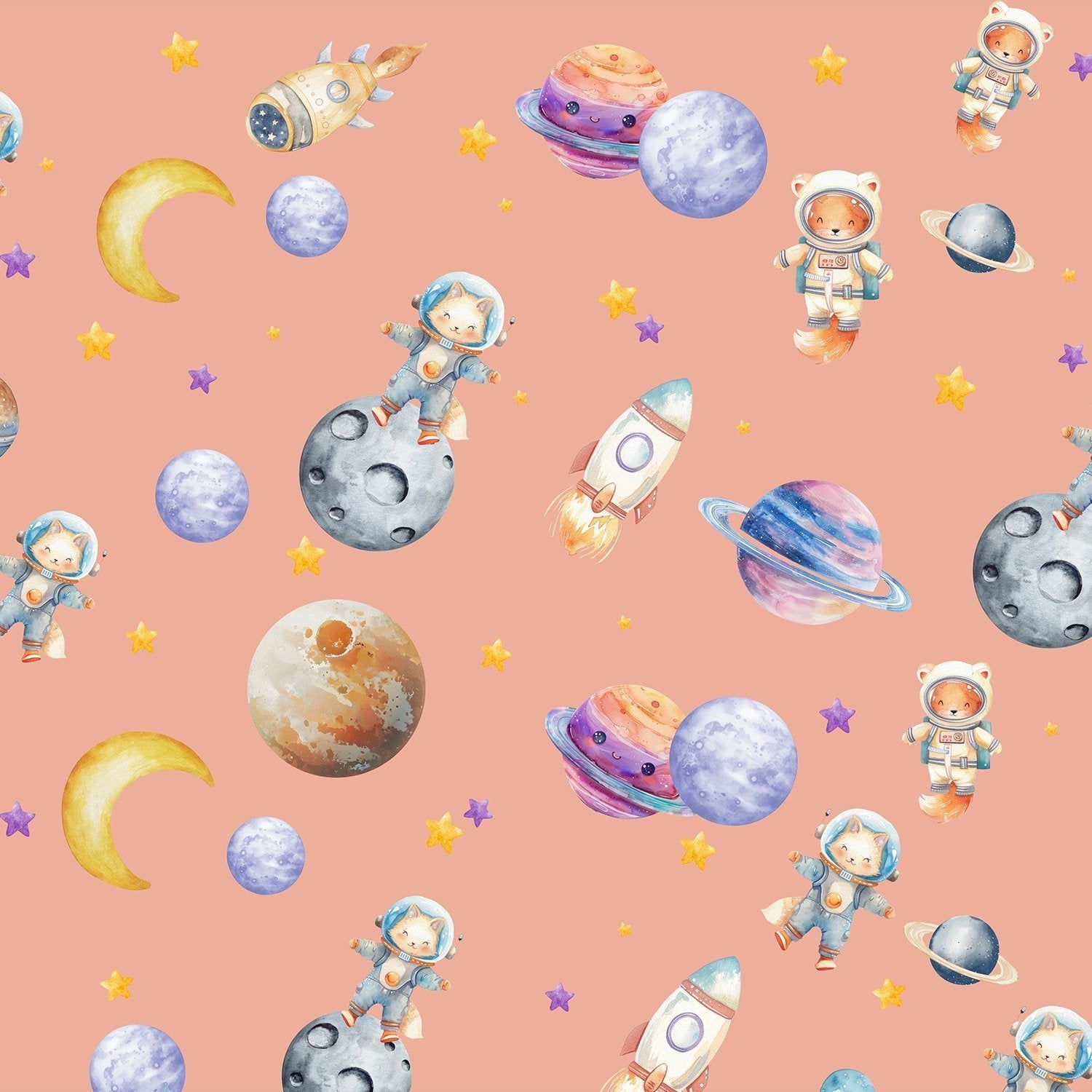 Cute animal astronauts float among planets and rockets on dreamy blue background - view 23 - final