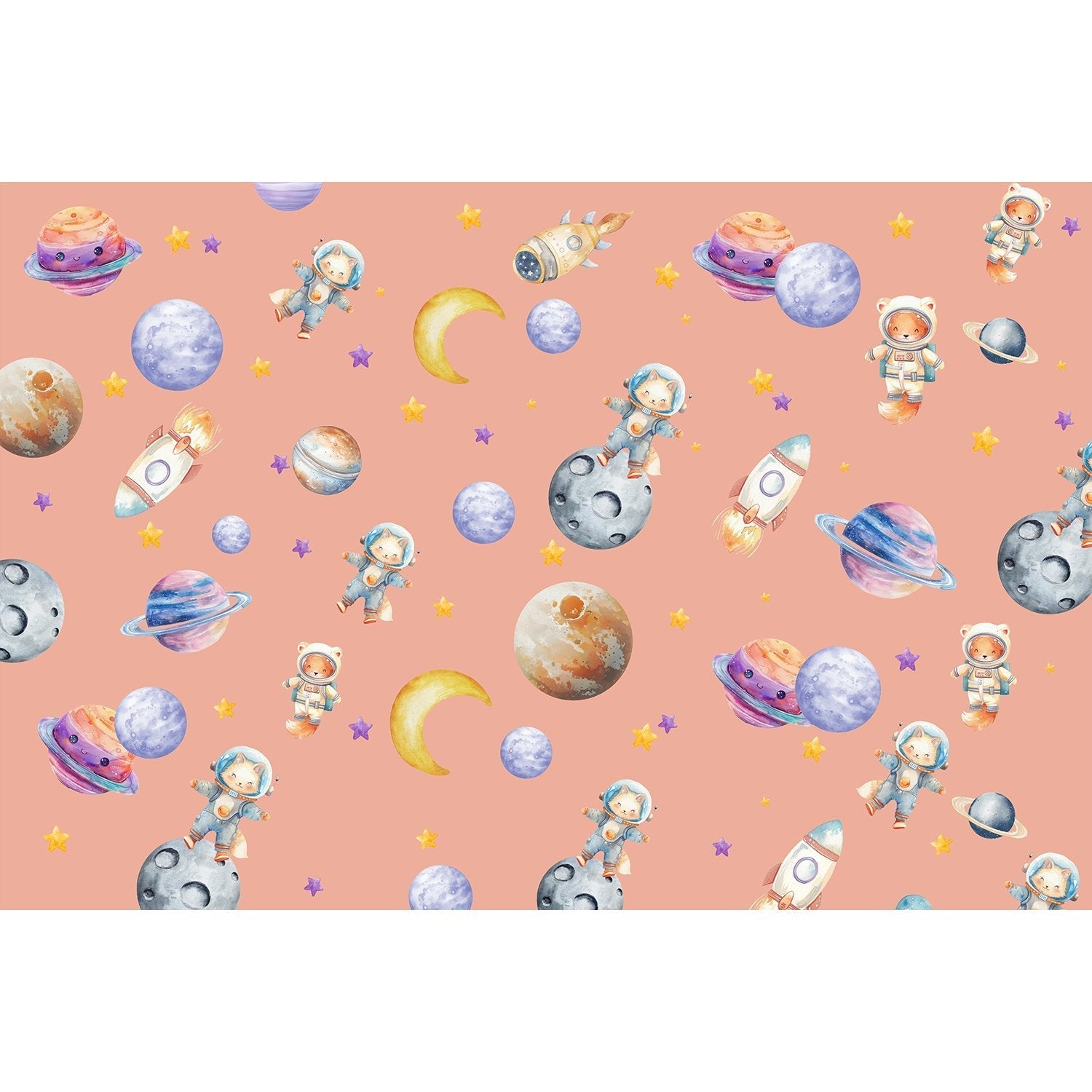 "Whimsical astronauts exploring planets in lea - kids wallpaper mural-equal final"