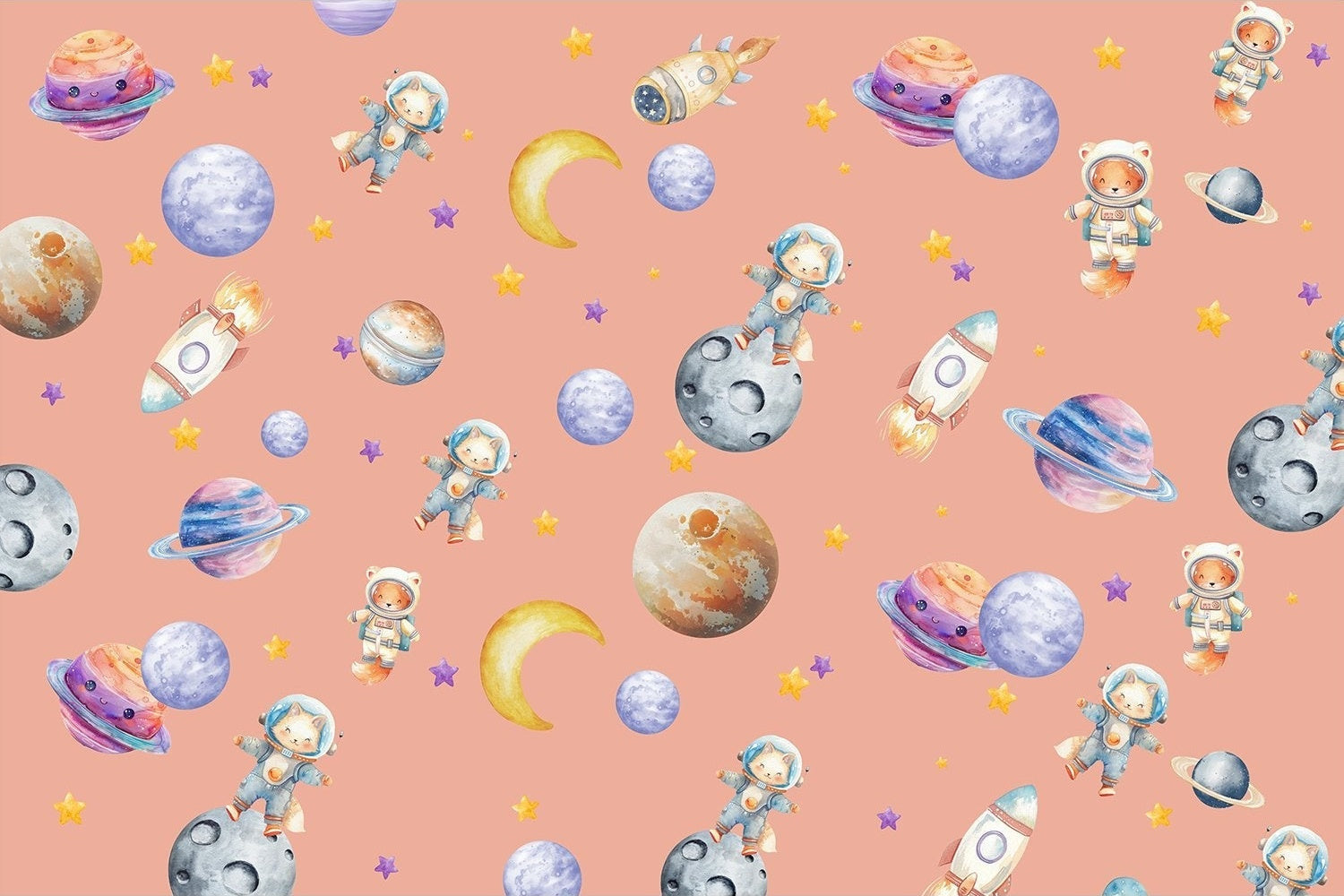 "Whimsical astronauts exploring planets in lea - kids wallpaper mural-inequal final"