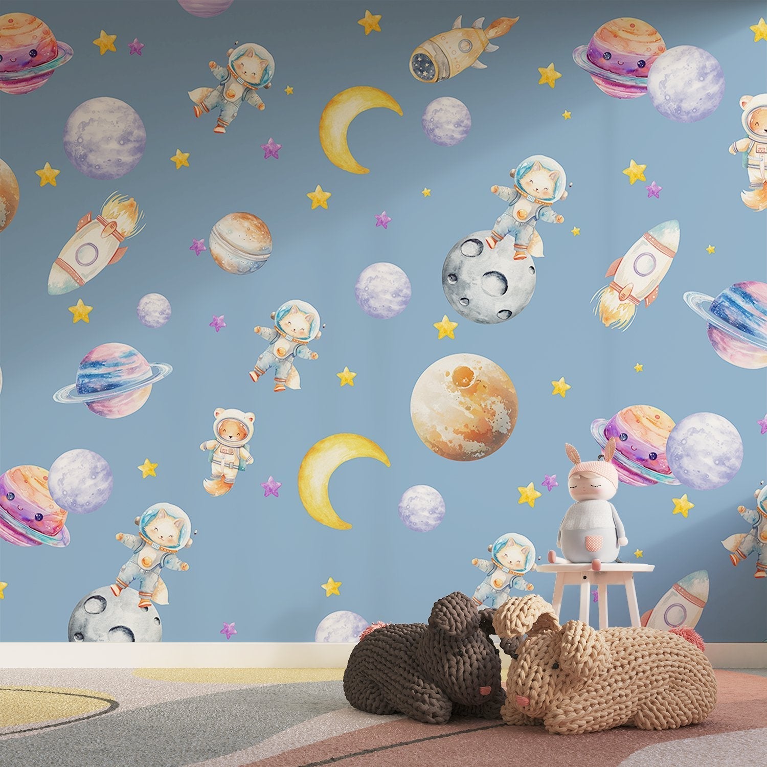 Cute animal astronauts float among planets and rockets on dreamy blue background - view 3 - final kids-room