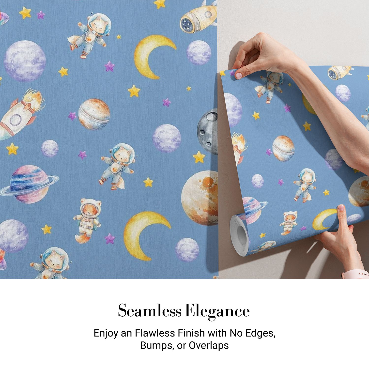 Cute animal astronauts float among planets and rockets on dreamy blue background - view 4 - final