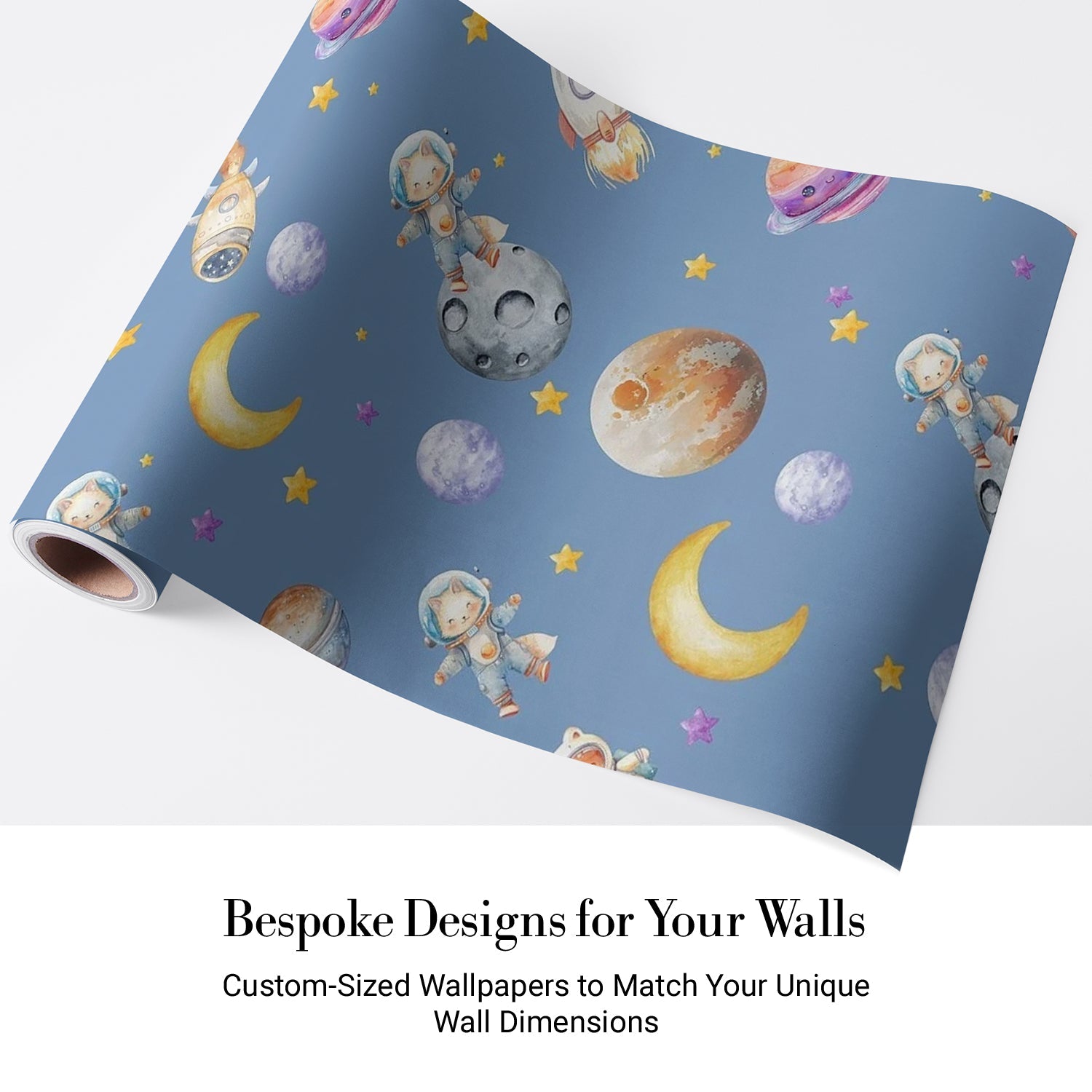 Cute animal astronauts float among planets and rockets on dreamy blue background - view 5 - final