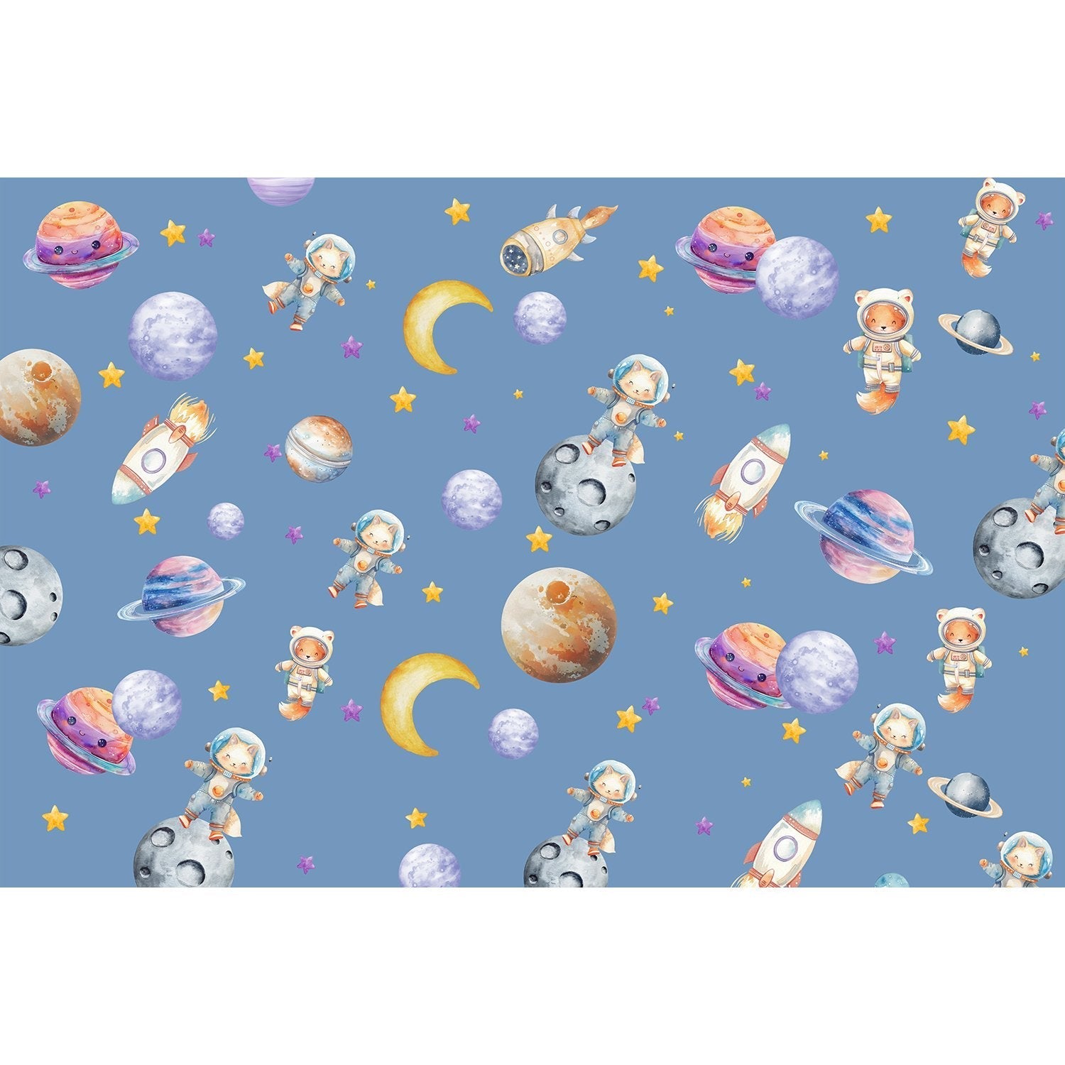 "Whimsical astronauts exploring planets in lea - kids wallpaper mural-equal final"