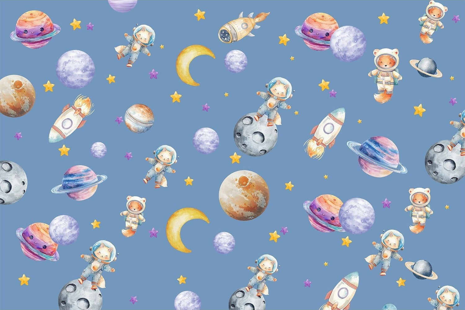 "Whimsical astronauts exploring planets in lea - kids wallpaper mural-inequal final"