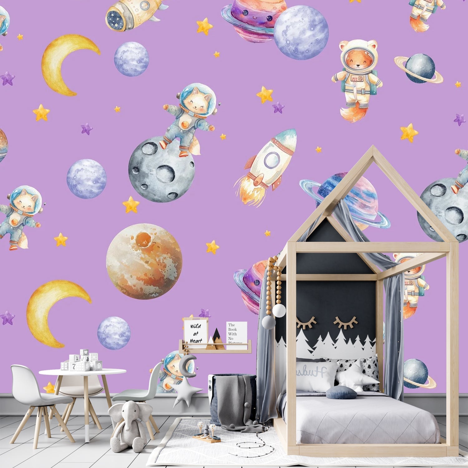 Cute animal astronauts float among planets and rockets on dreamy blue background - view 8 - final