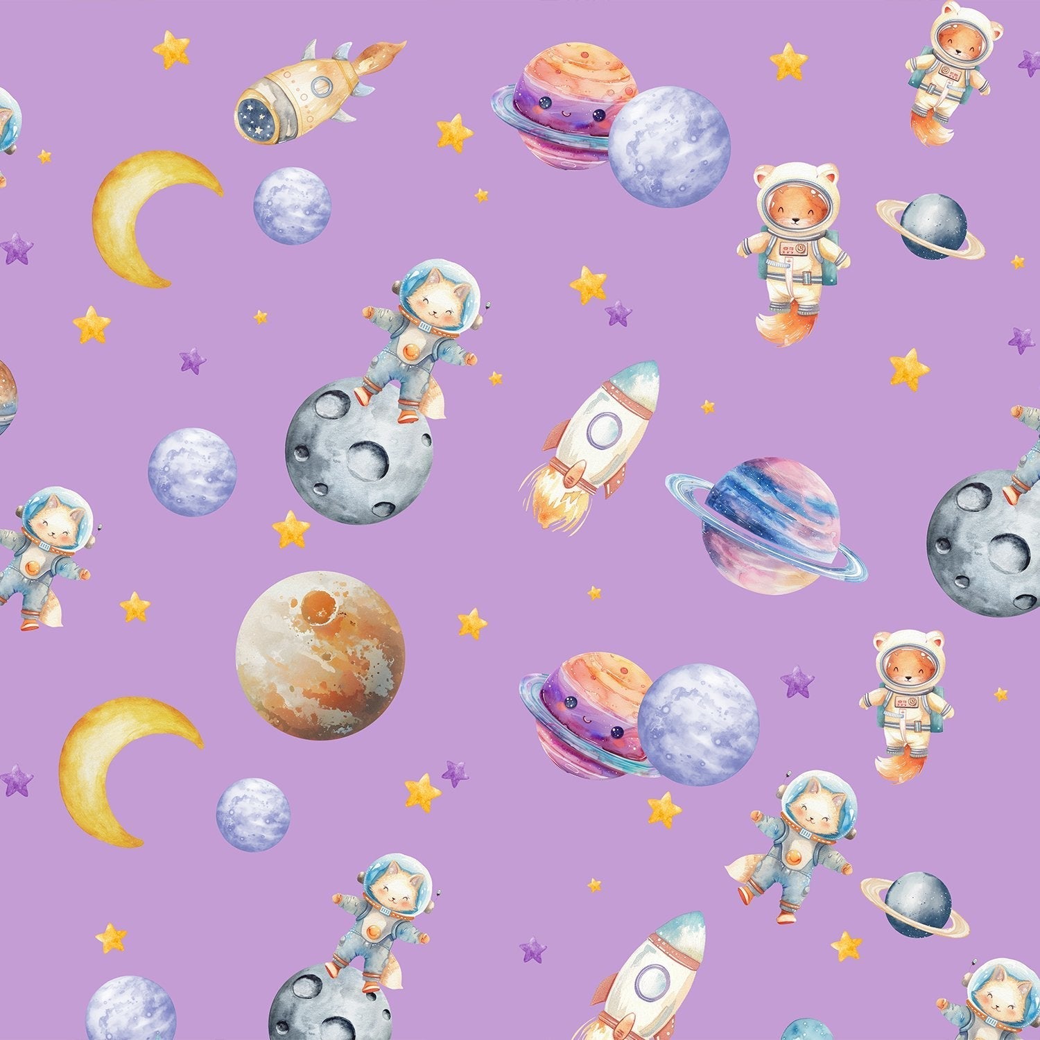 Cute animal astronauts float among planets and rockets on dreamy blue background - view 9 - final