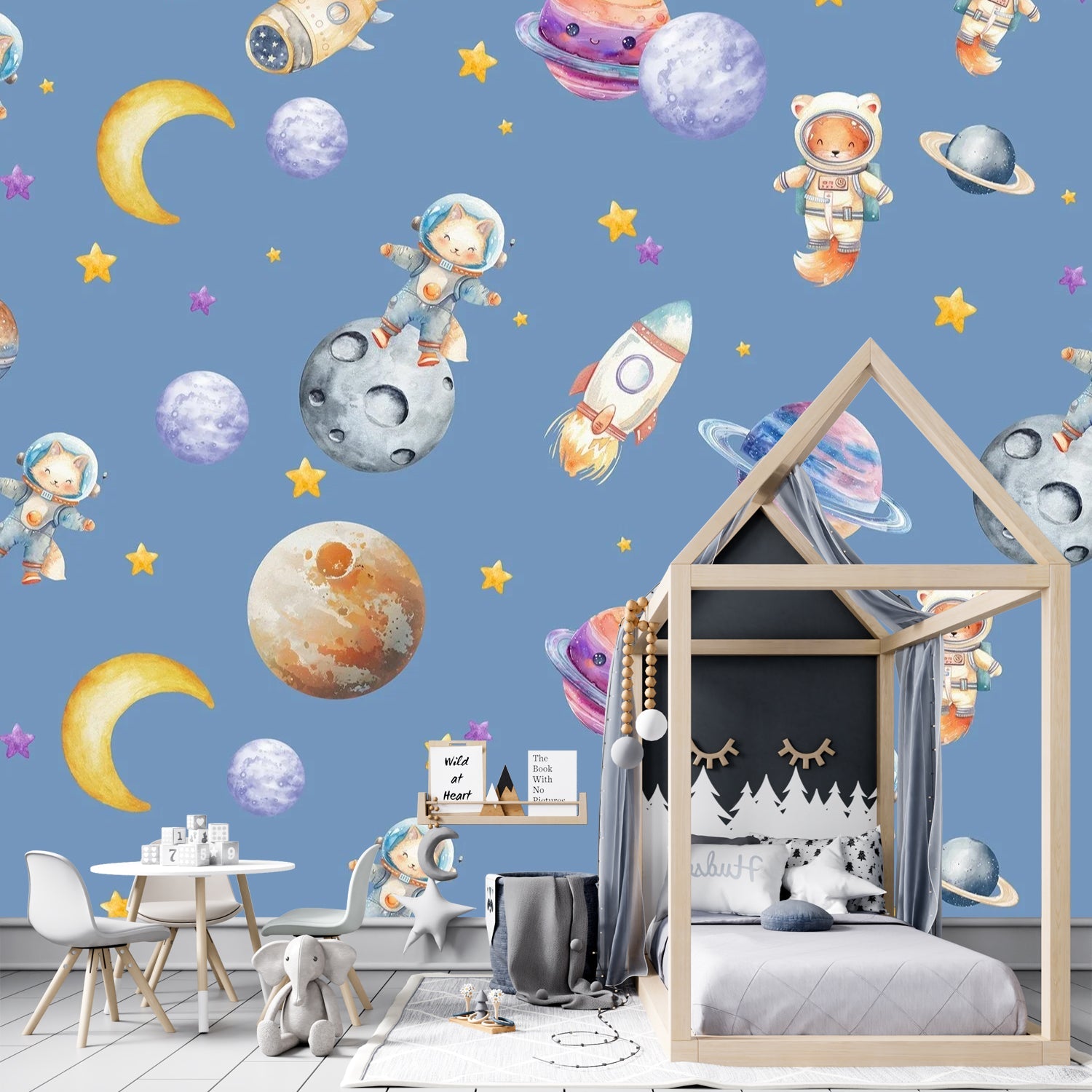 Cute animal astronauts float among planets and rockets on dreamy blue background - final kids-room