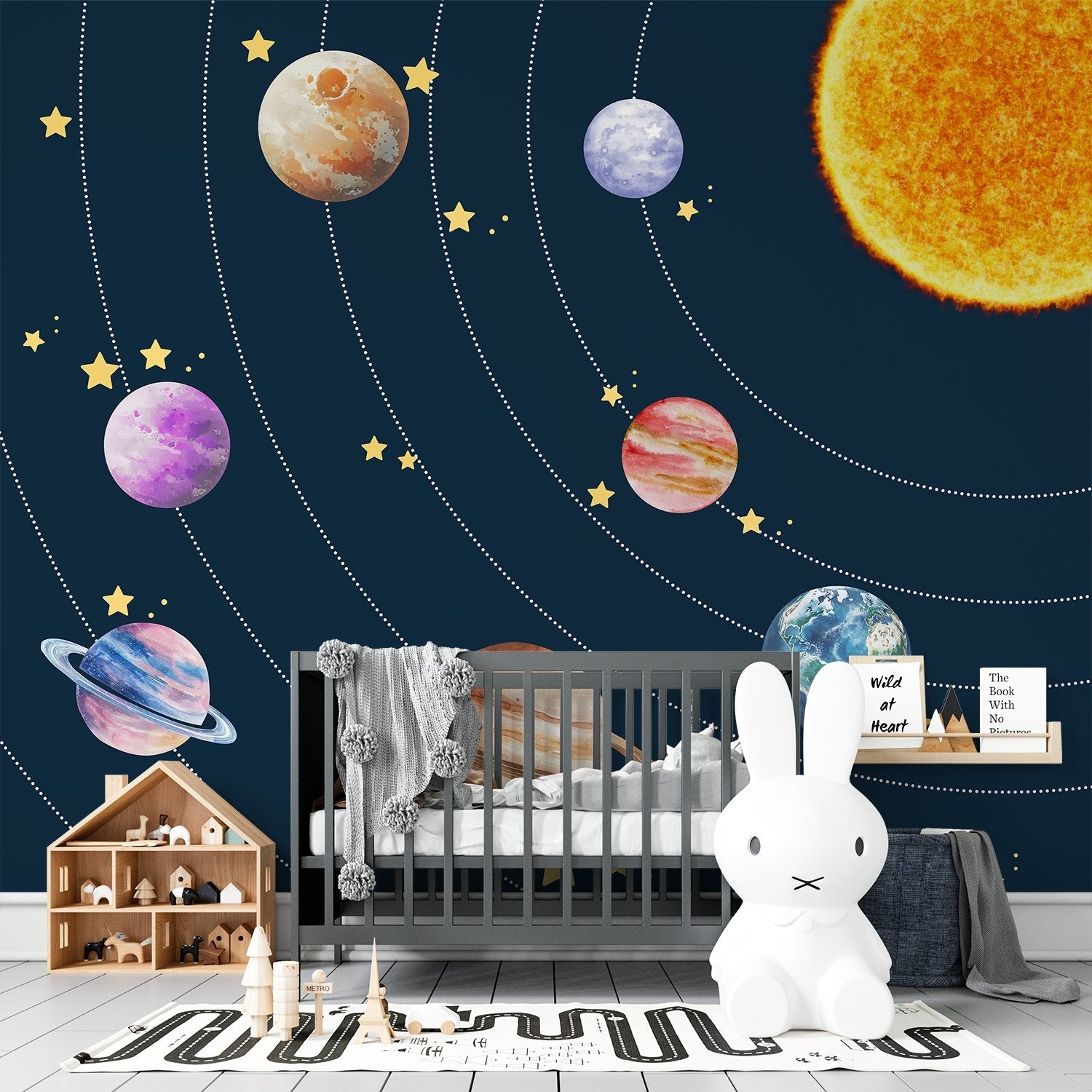 Colorful solar system planets with golden stars on black background for kids room - view 11 - final