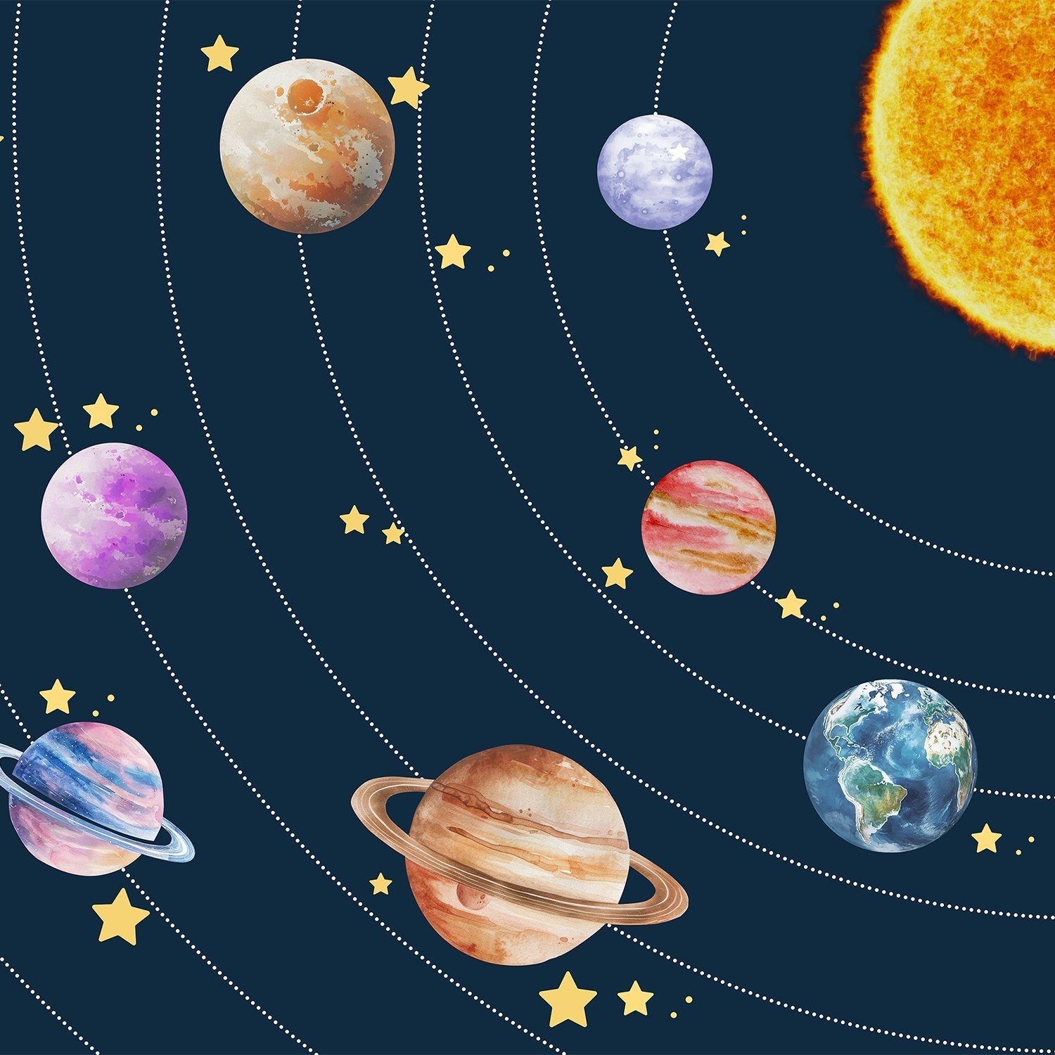 Colorful solar system planets with golden stars on black background for kids room - view 12 - final