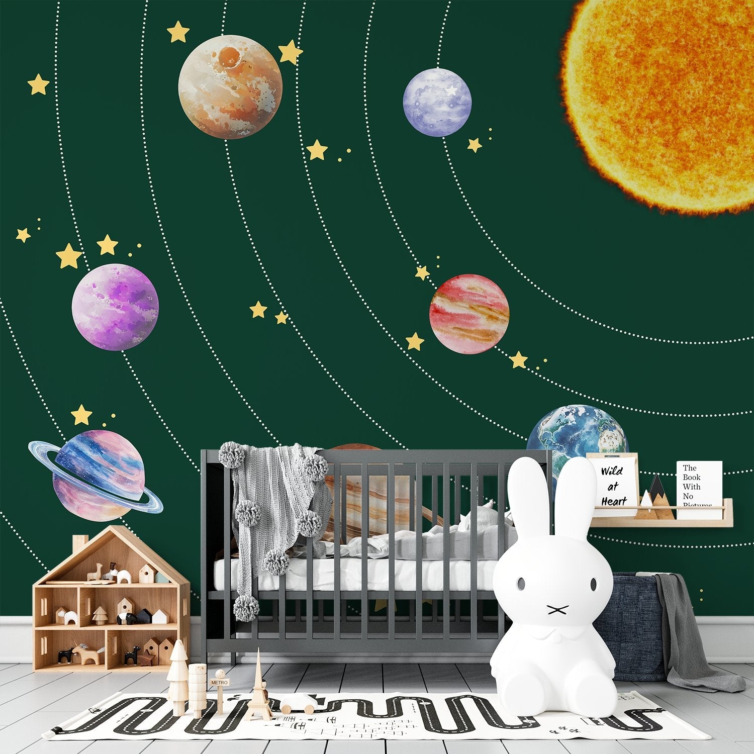 Colorful solar system planets with golden stars on black background for kids room - view 15 - final