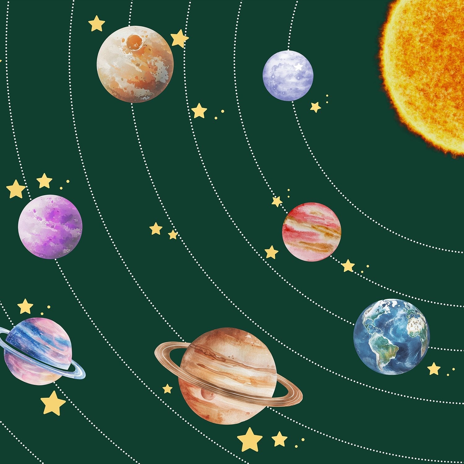 Colorful solar system planets with golden stars on black background for kids room - view 16 - final