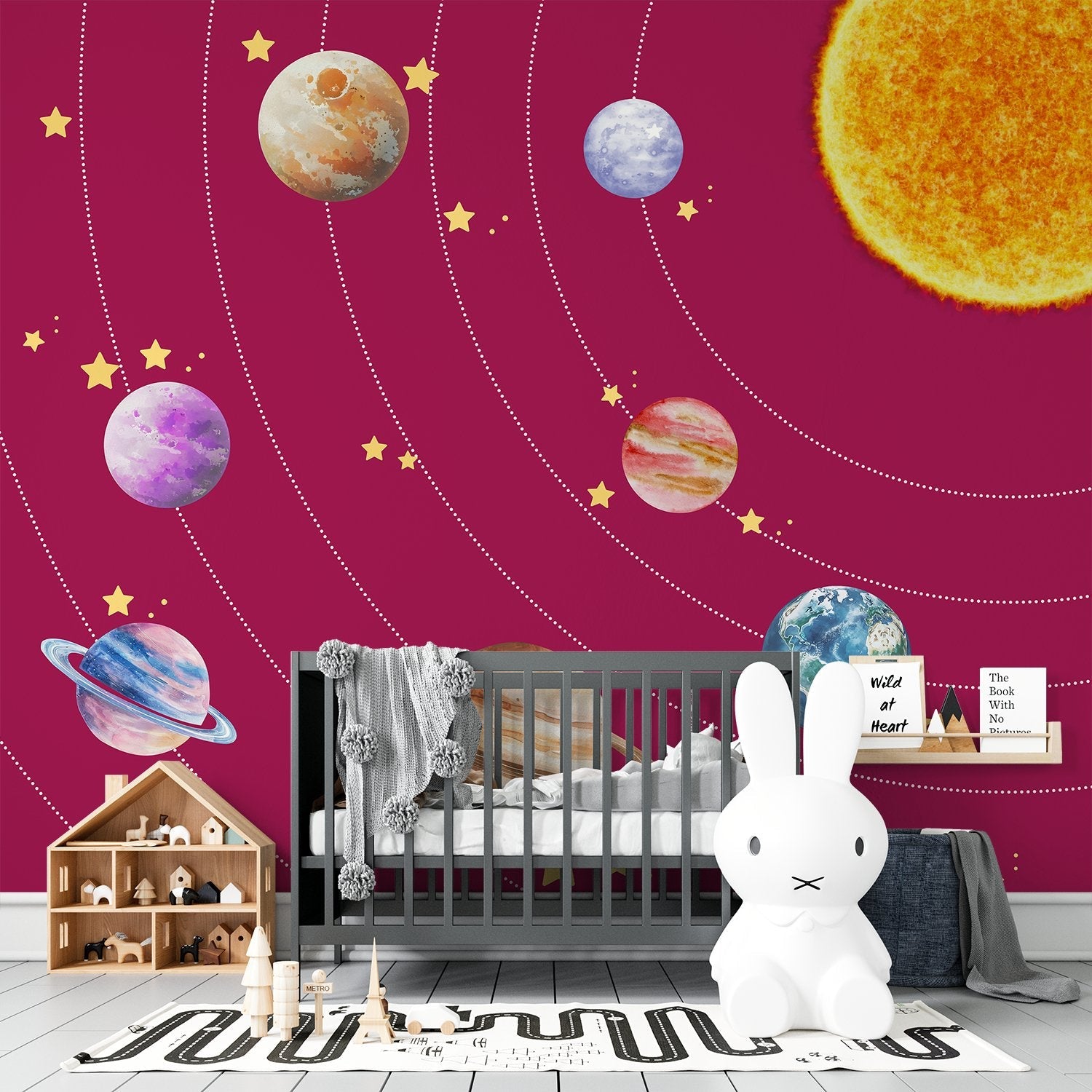 Colorful solar system planets with golden stars on black background for kids room - view 19 - final