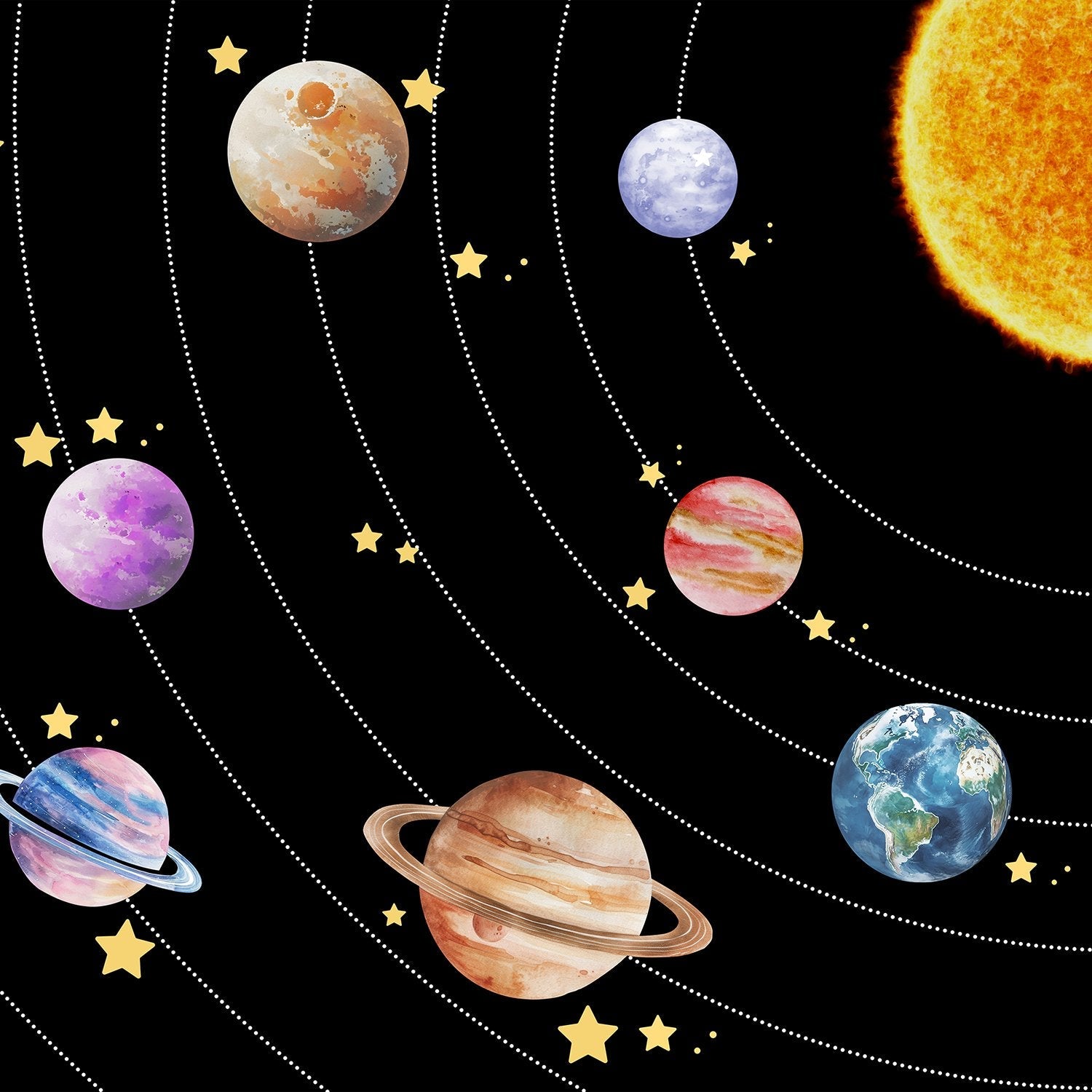 Colorful solar system planets with golden stars on black background for kids room - view 2 - final