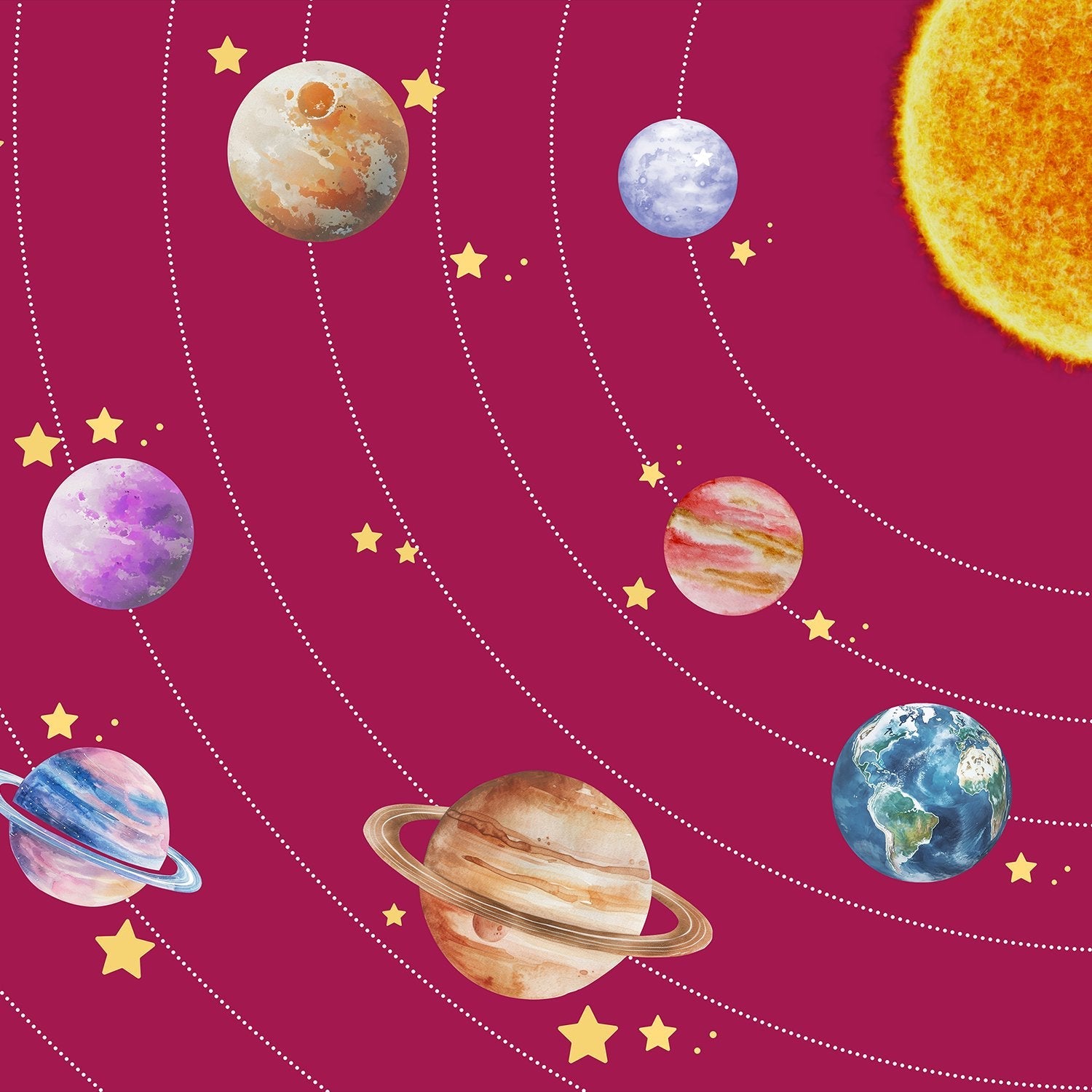 Colorful solar system planets with golden stars on black background for kids room - view 20 - final