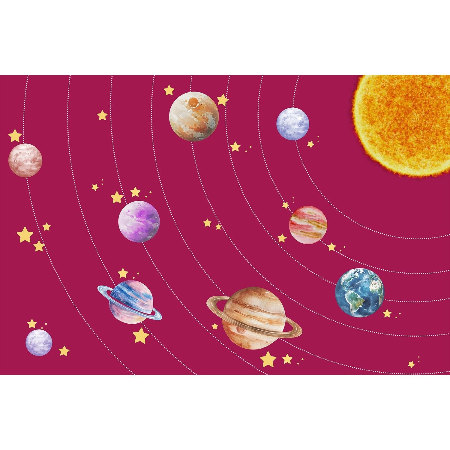 Colorful solar system planets with golden stars on black background for kids room - view 21 - final mural-equal
