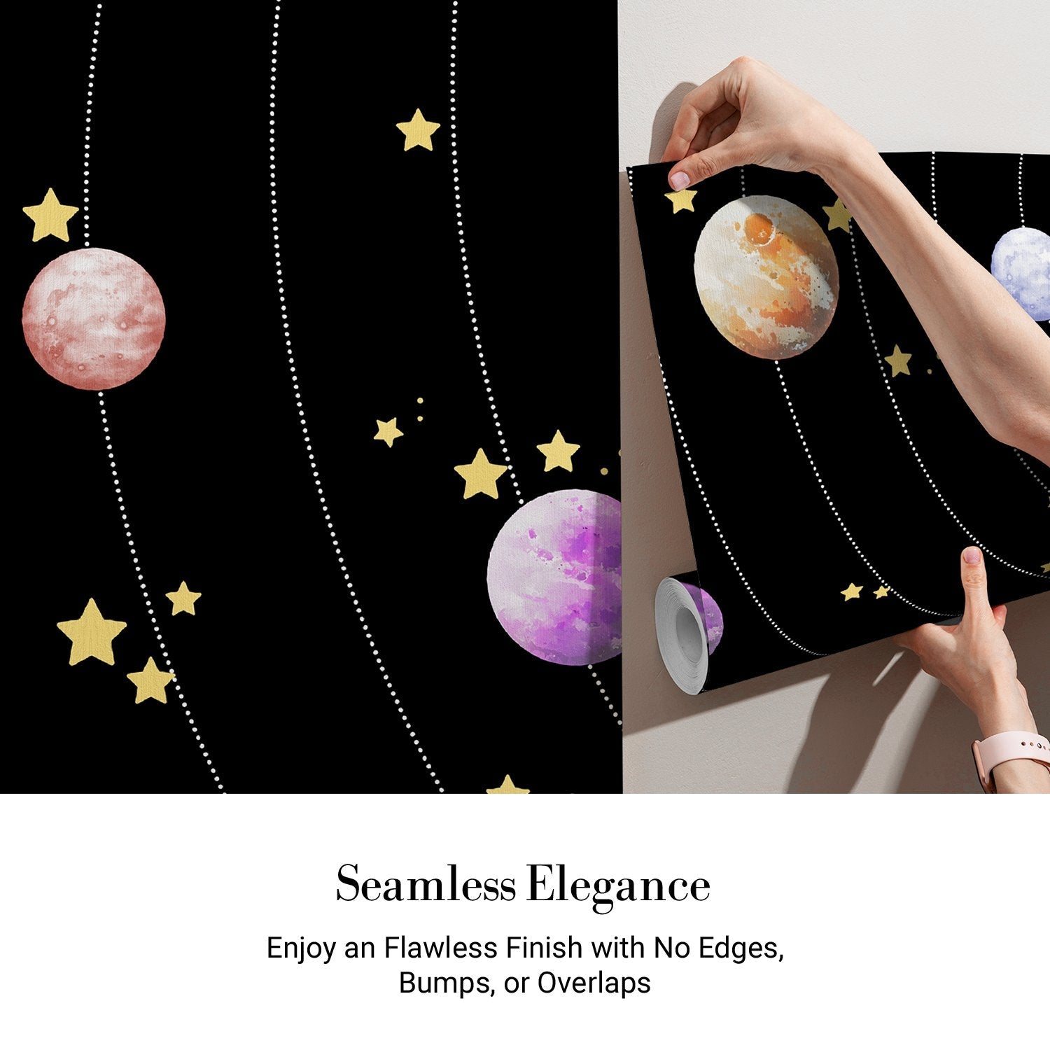 Colorful solar system planets with golden stars on black background for kids room - view 3 - final