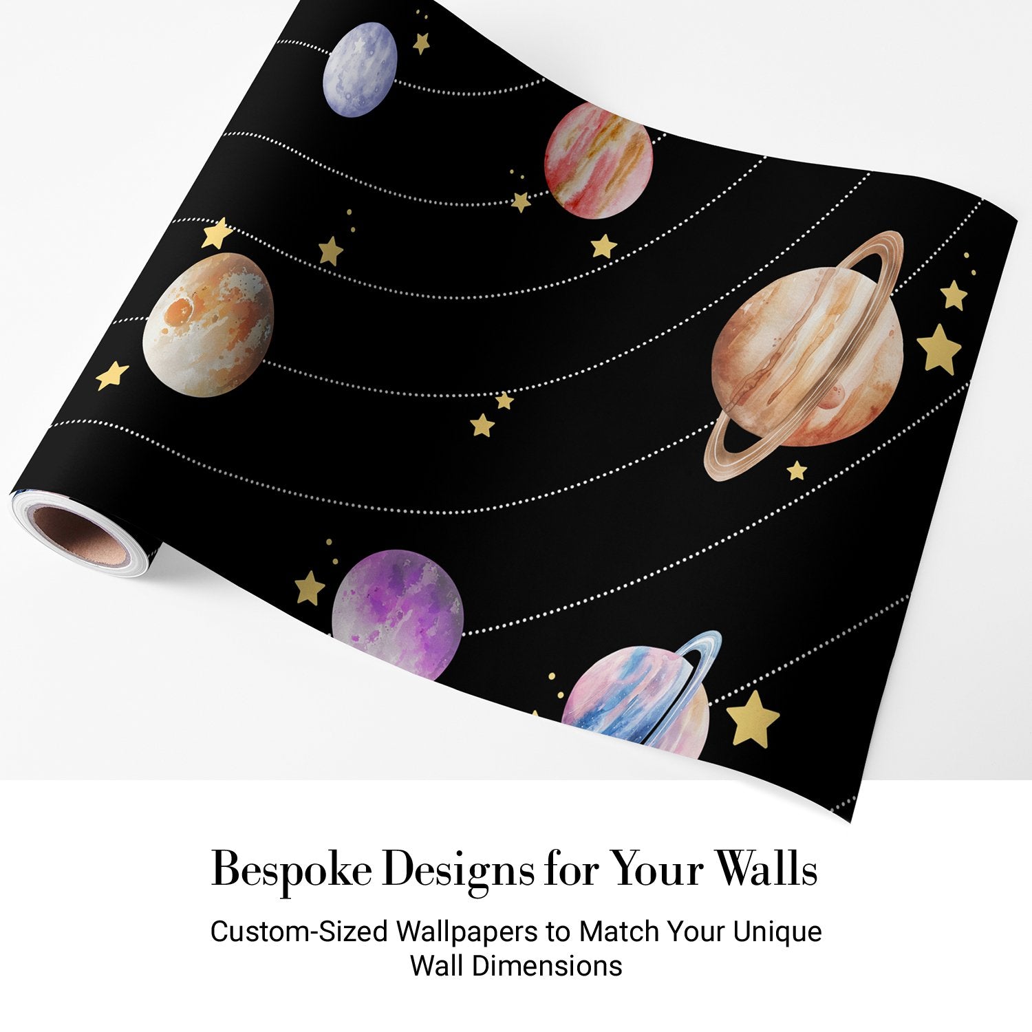 Colorful solar system planets with golden stars on black background for kids room - view 4 - final