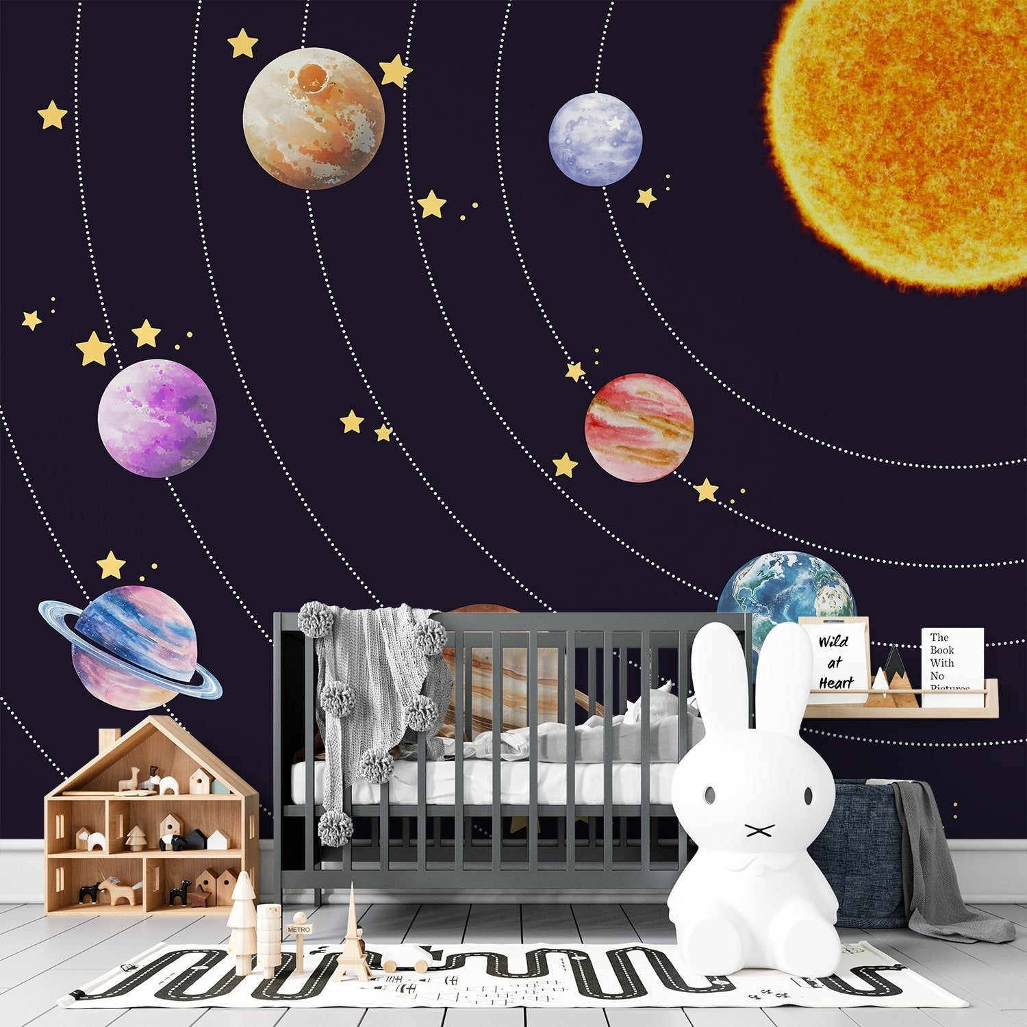 Colorful solar system planets with golden stars on black background for kids room - view 7 - final