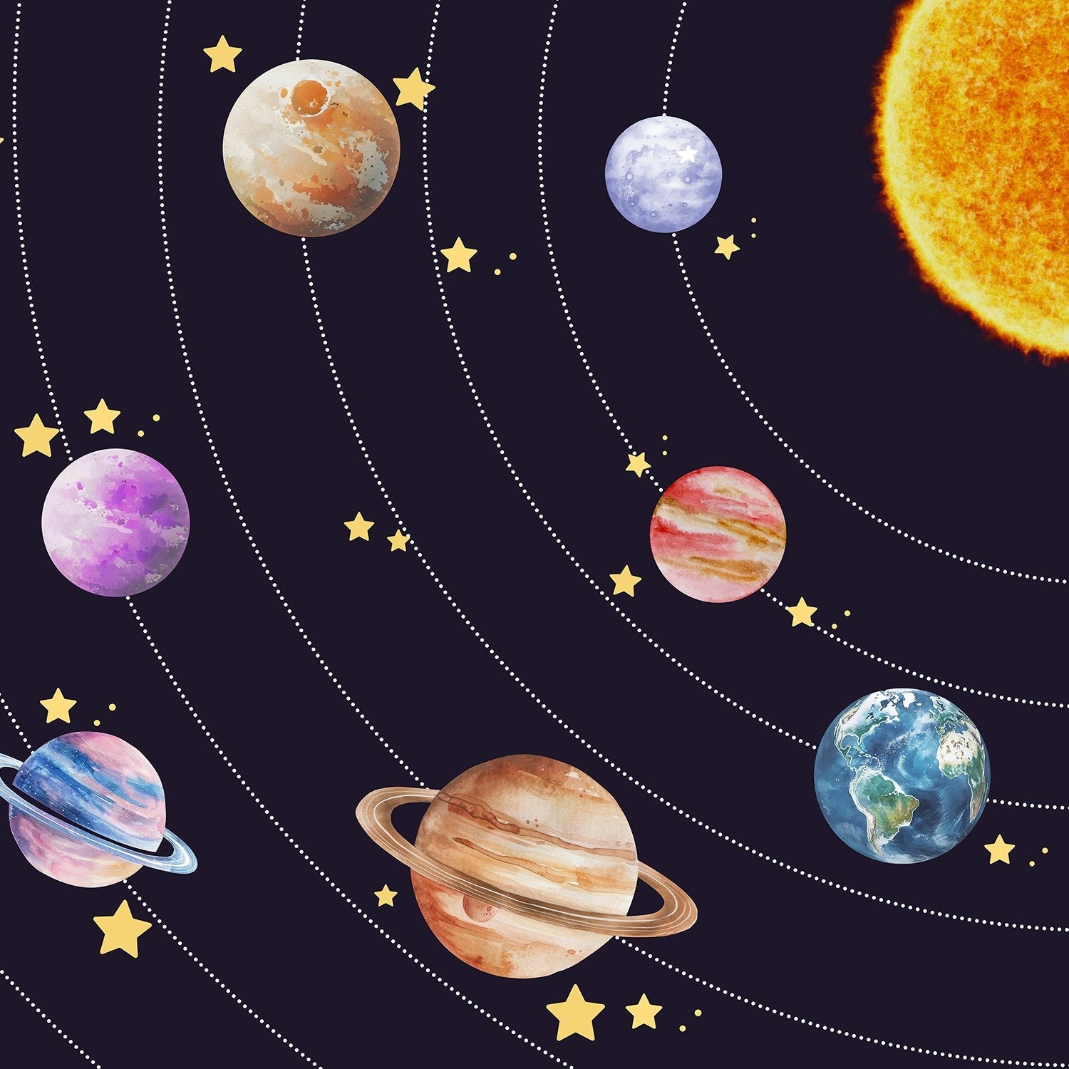 Colorful solar system planets with golden stars on black background for kids room - view 8 - final