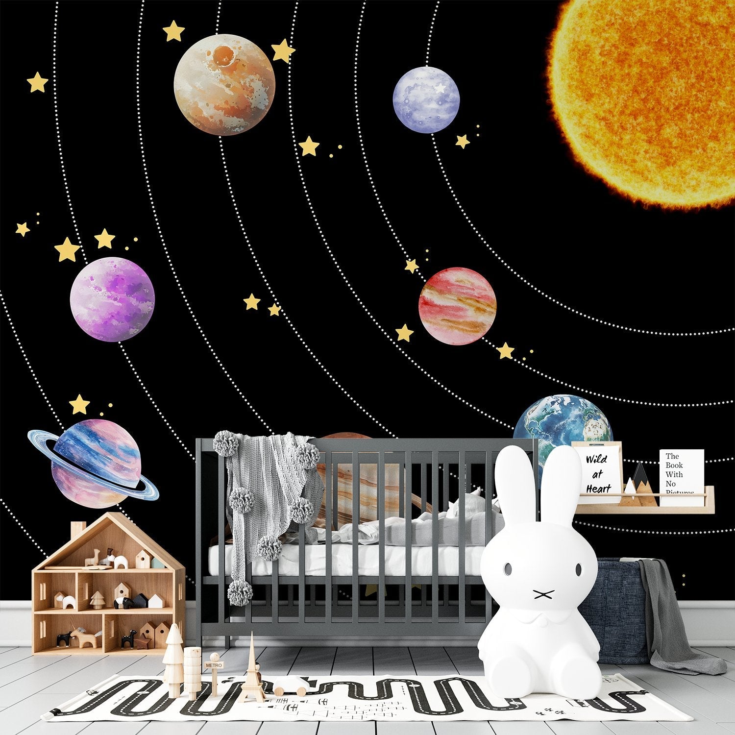 Colorful solar system planets with golden stars on black background for kids room - final kids-room