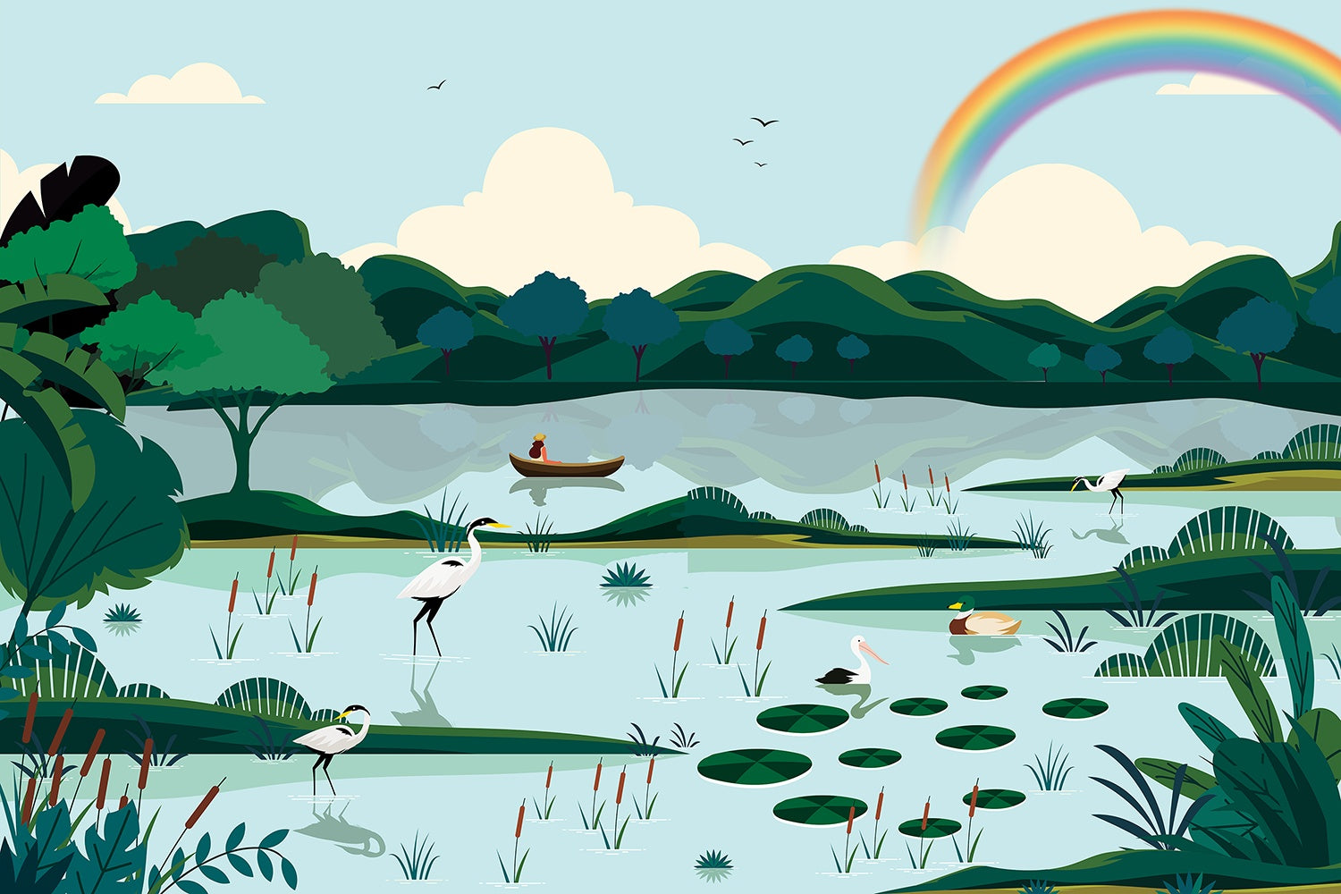 Scenic lakeside view in blue - "kids" wallpaper mural-inequal final